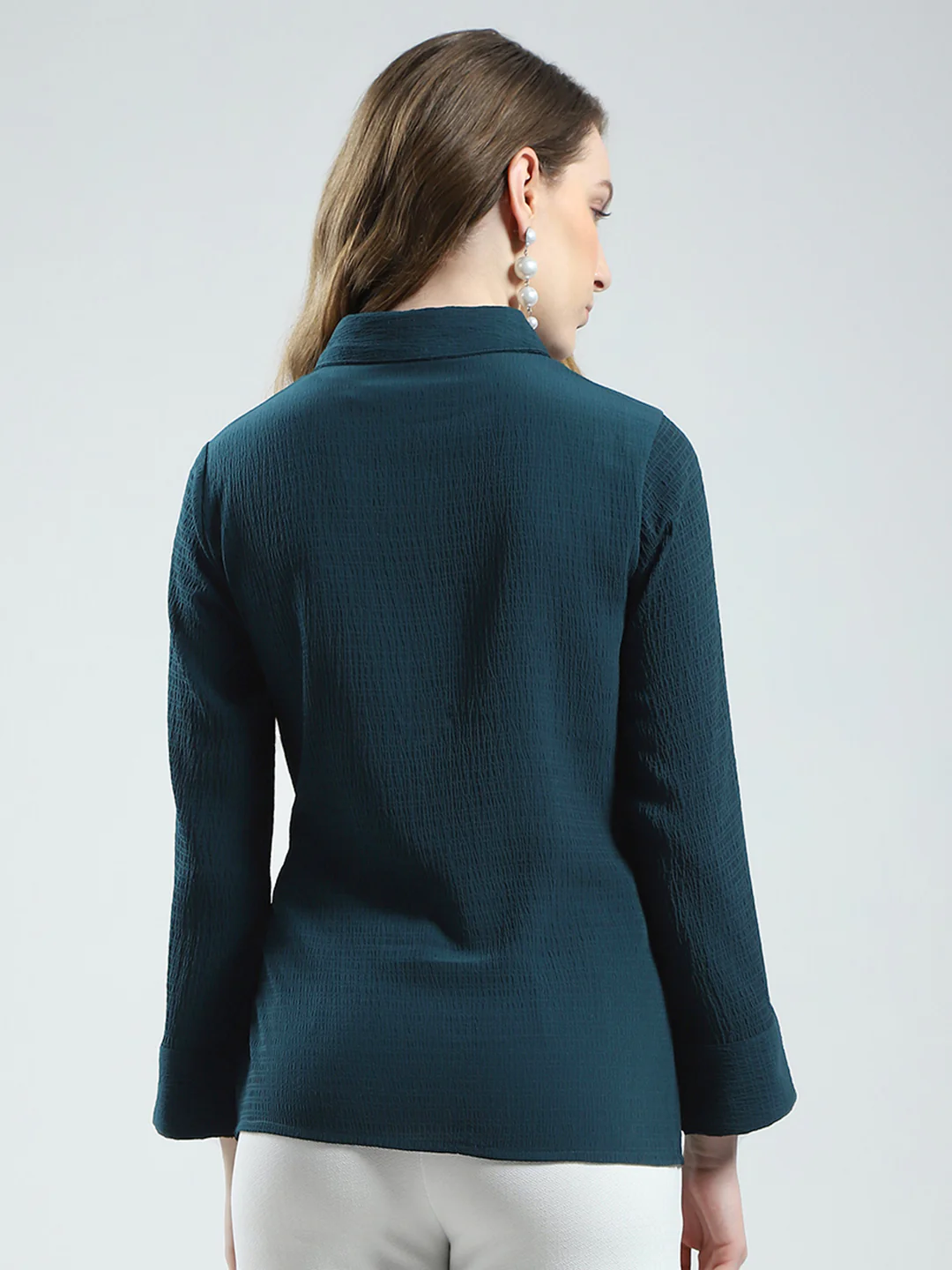 Women Teal Blue Solid Collar 3/4th Sleeve Top - Image 5