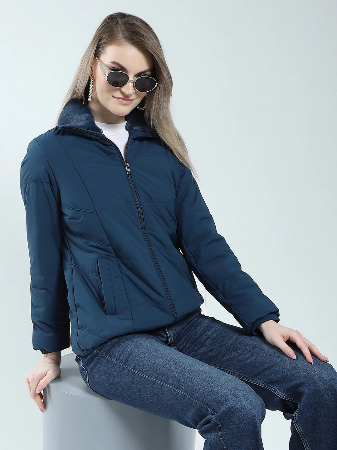 Women Teal Blue Solid Collar Full Sleeve Jacket - Image 6
