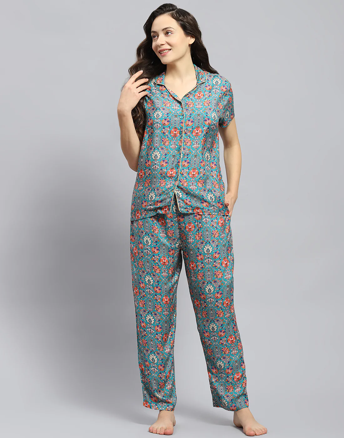 Women Teal Blue Solid Collar Half Sleeve Lower Set - Image 2