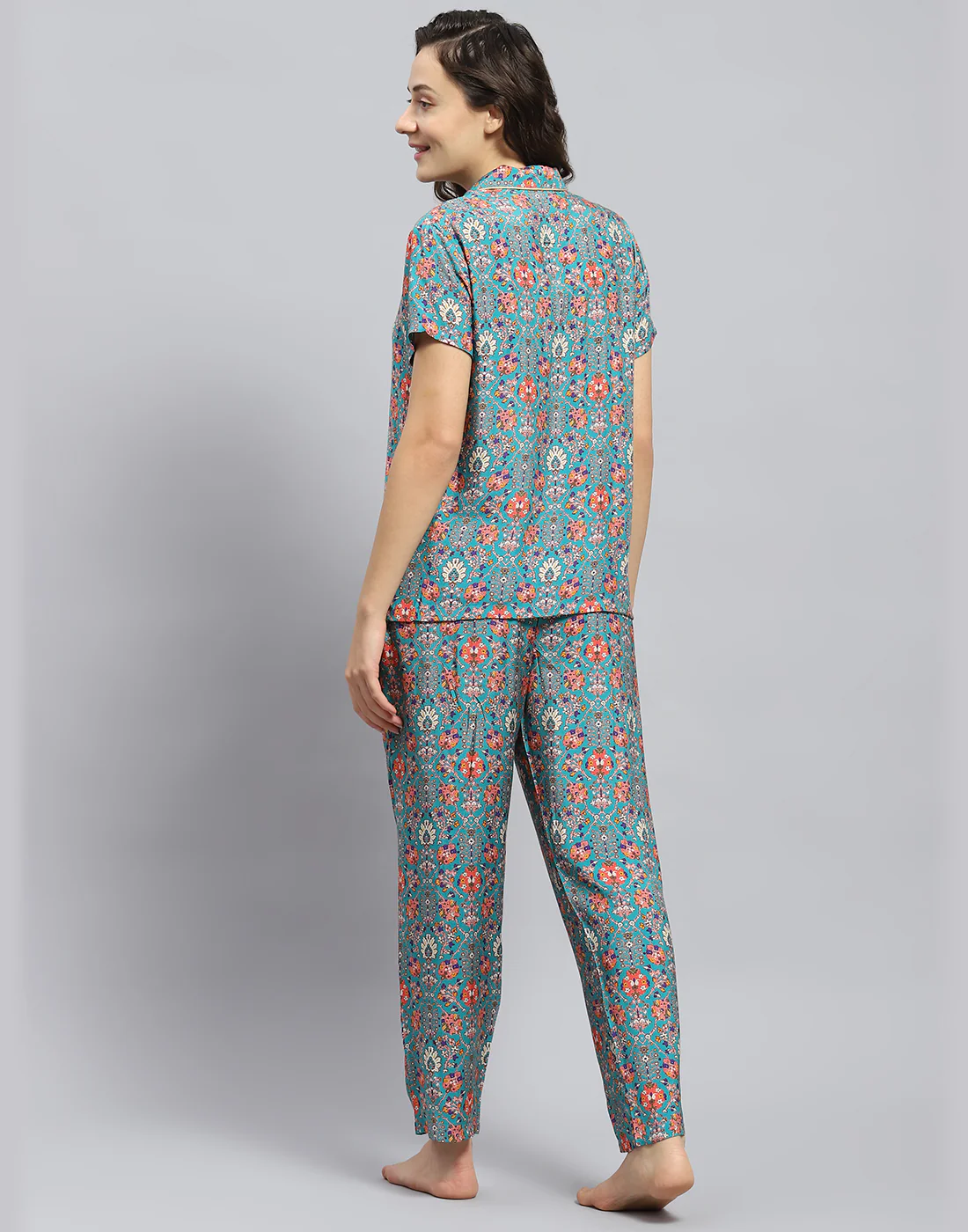 Women Teal Blue Solid Collar Half Sleeve Lower Set - Image 5