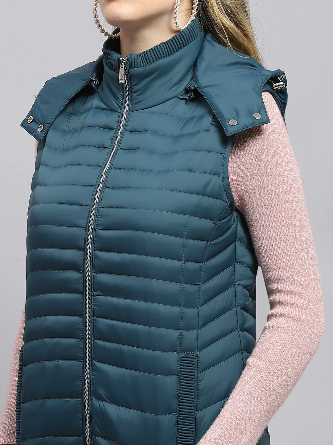 Women Teal Blue Solid Detachable Hood Sleeveless Jacket - Image 6