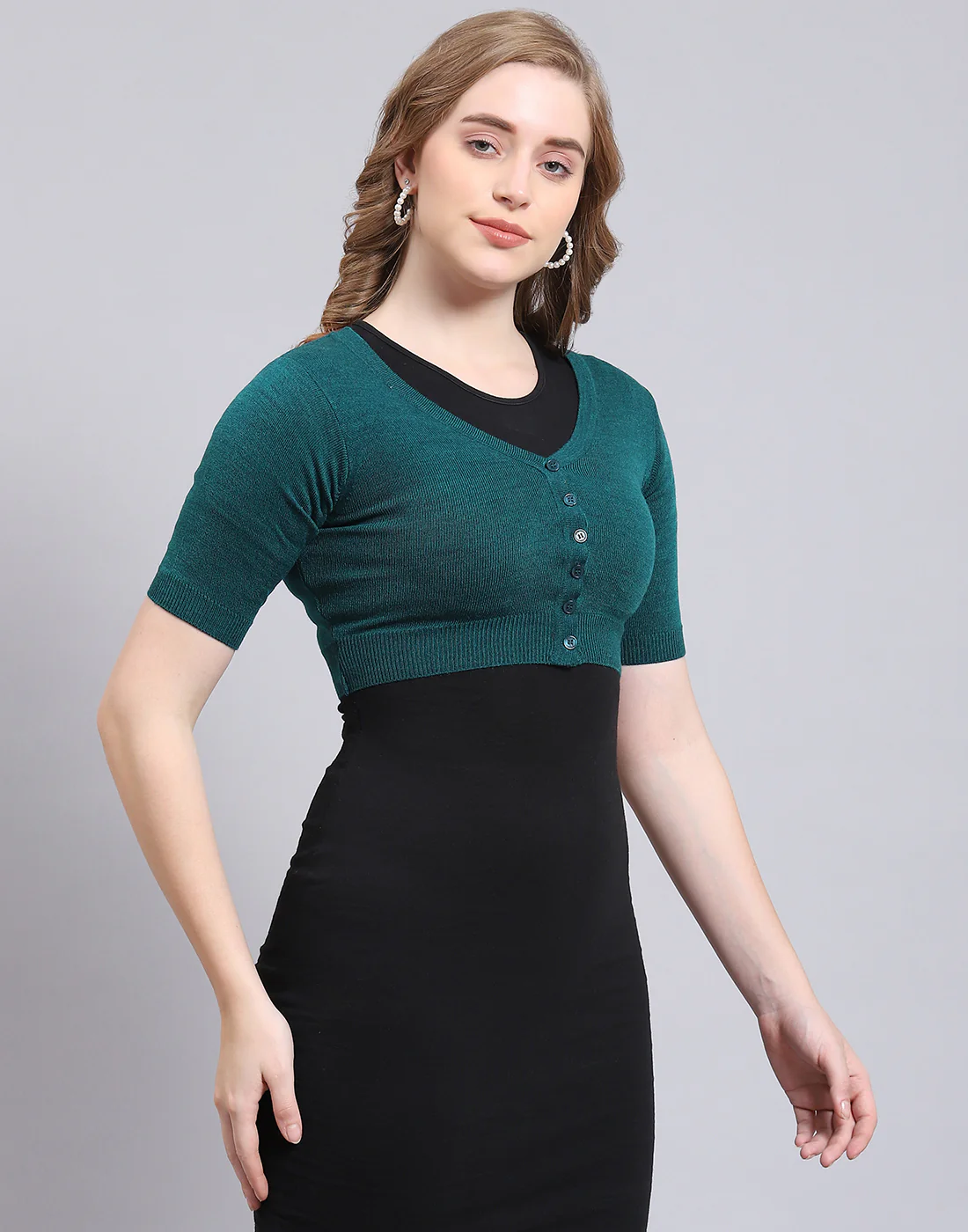 Women Teal Blue Solid Front Open Half Sleeve Sweater - Image 5