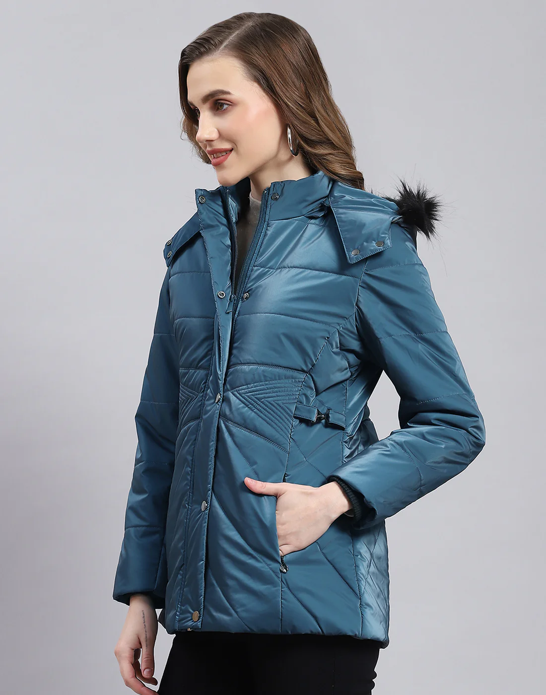 Women Teal Blue Solid Hooded Full Sleeve Jacket - Image 3