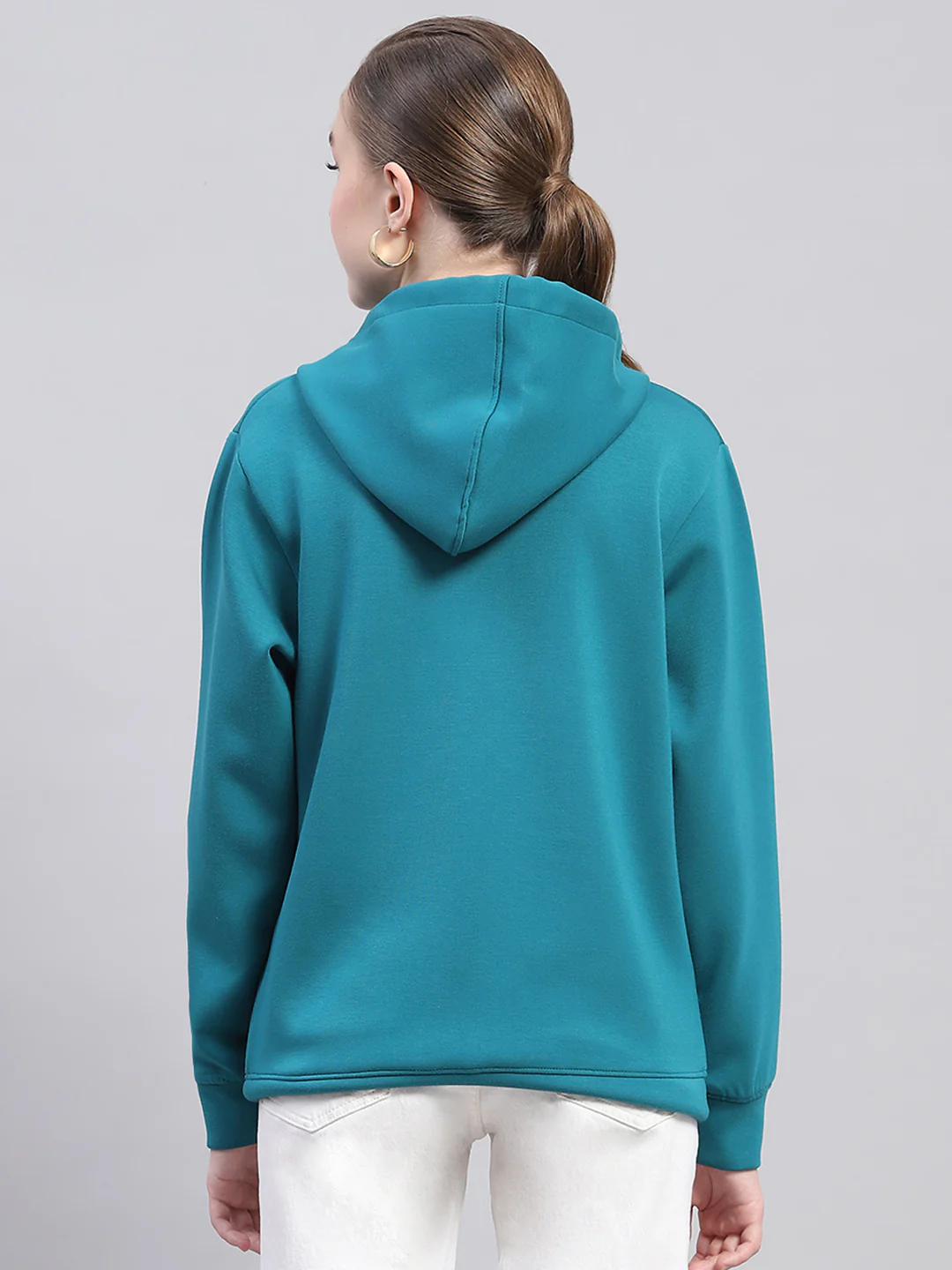 Women Teal Blue Solid Hooded Full Sleeve Sweatshirt - Image 5