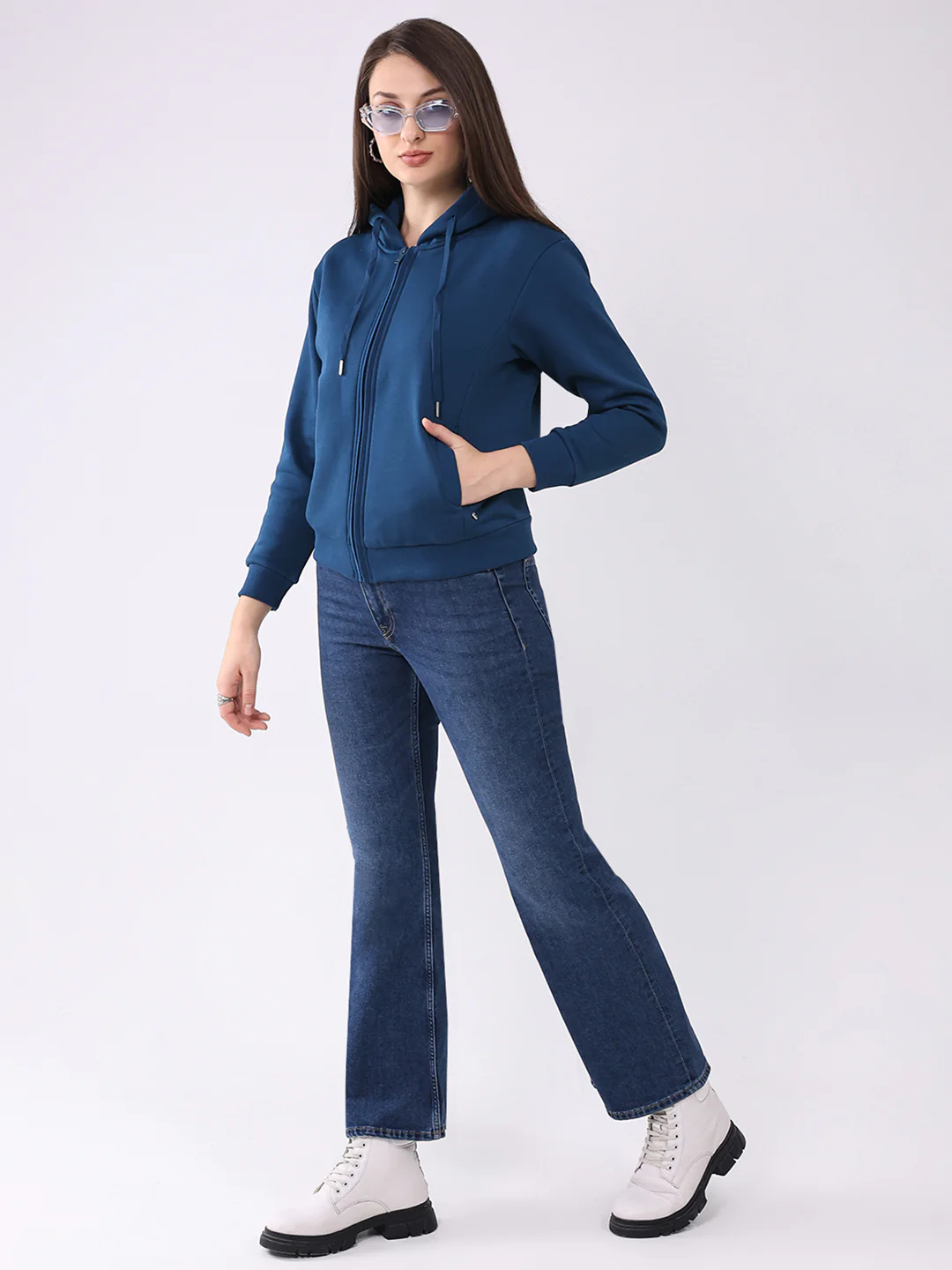 Women Teal Blue Solid Hooded Full Sleeve Sweatshirt - Image 2