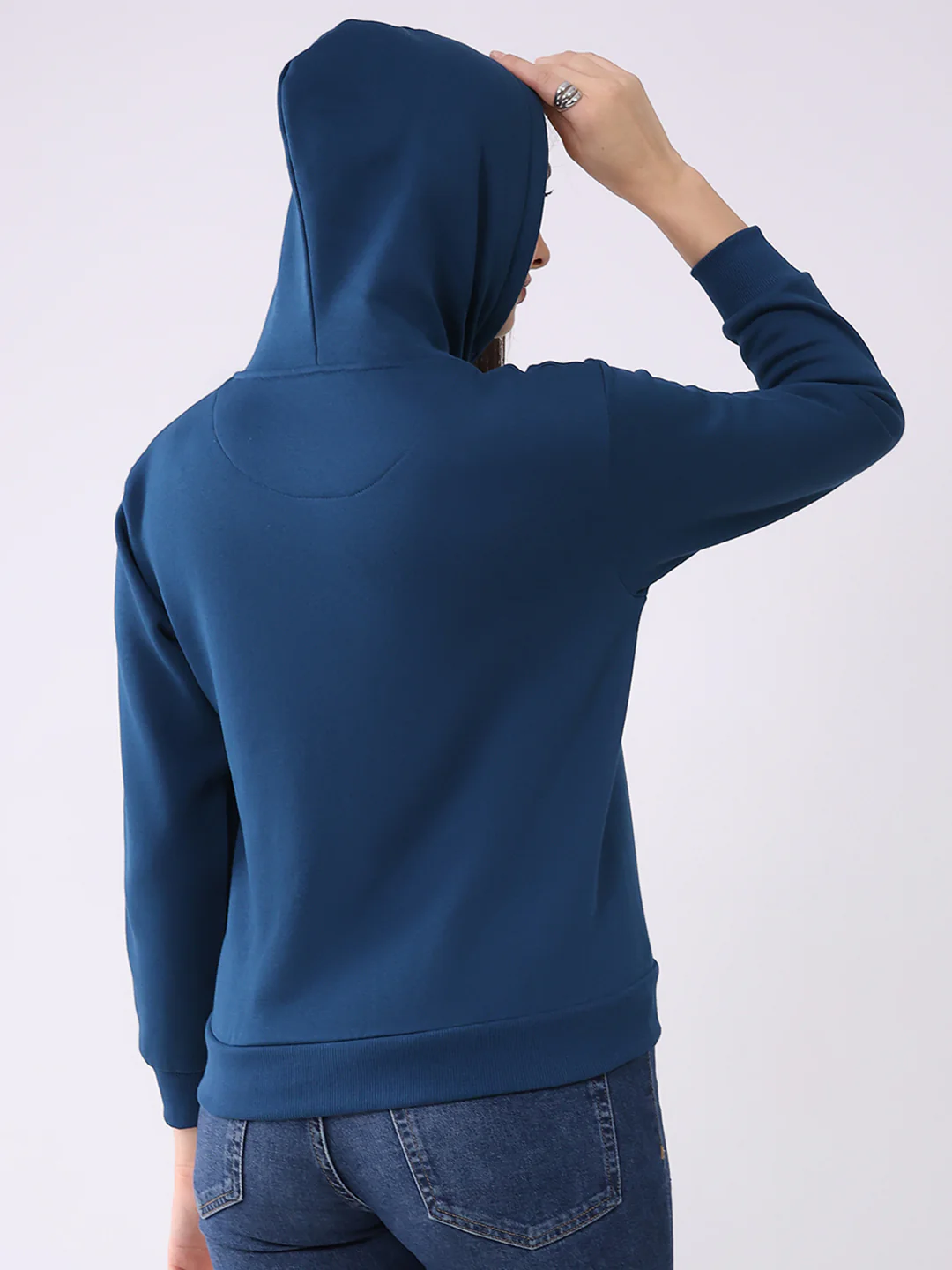 Women Teal Blue Solid Hooded Full Sleeve Sweatshirt - Image 5