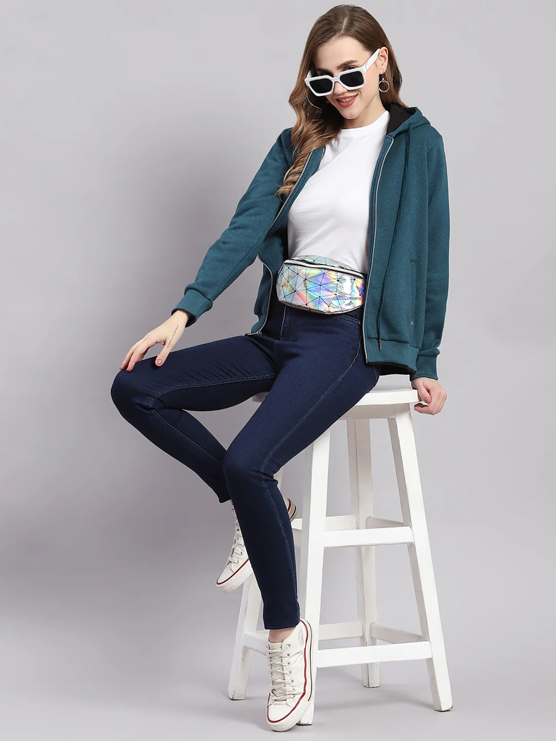 Women Teal Blue Solid Hooded Full Sleeve Sweatshirts - Image 2