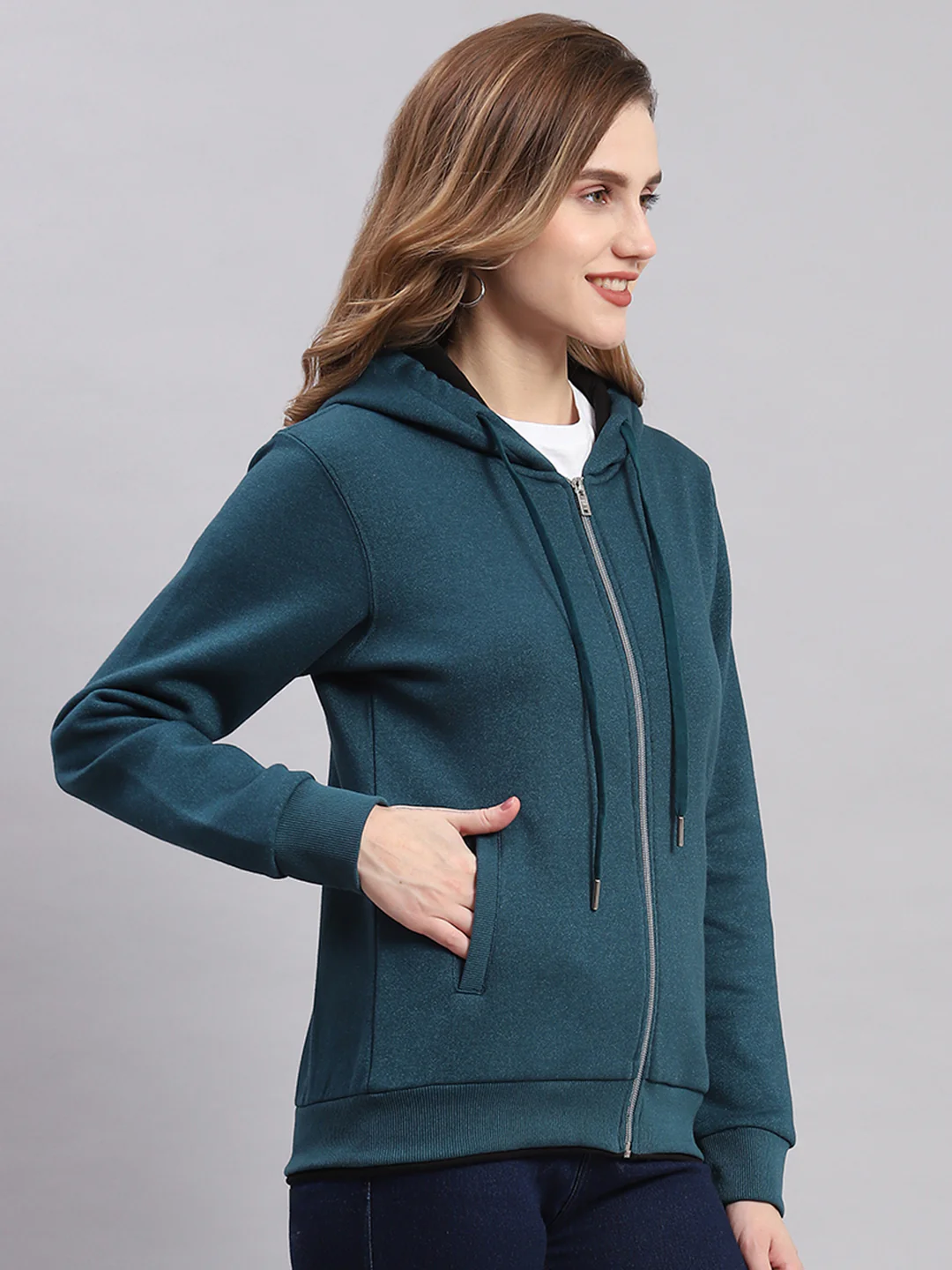 Women Teal Blue Solid Hooded Full Sleeve Sweatshirts - Image 4