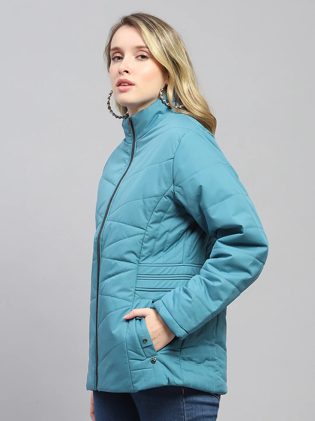 Women Teal Blue Solid Mock Neck Full Sleeve Jacket - Image 3