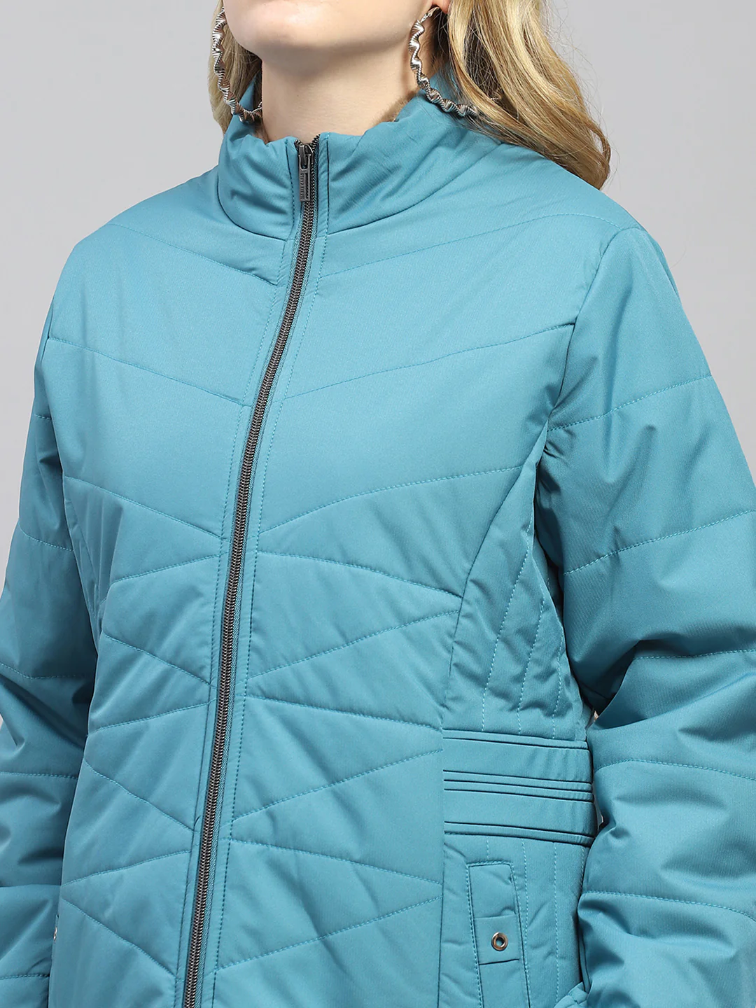 Women Teal Blue Solid Mock Neck Full Sleeve Jacket - Image 7