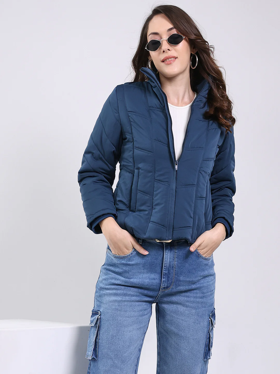 Women Teal Blue Solid Mock Neck Full Sleeve Jacket - Image 2