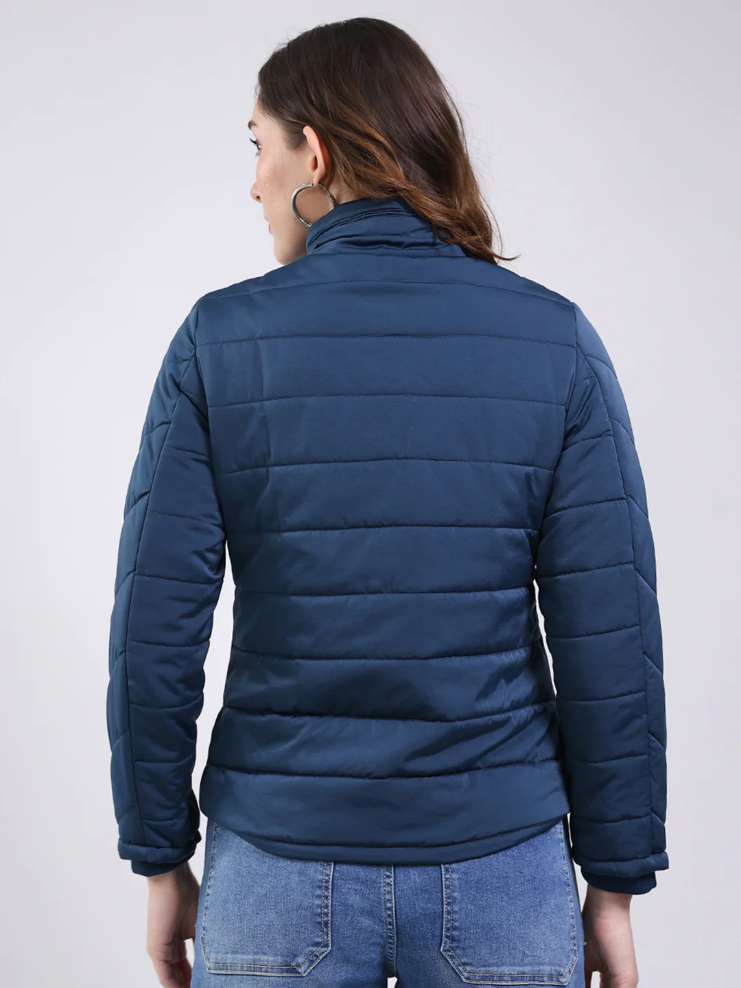Women Teal Blue Solid Mock Neck Full Sleeve Jacket - Image 5
