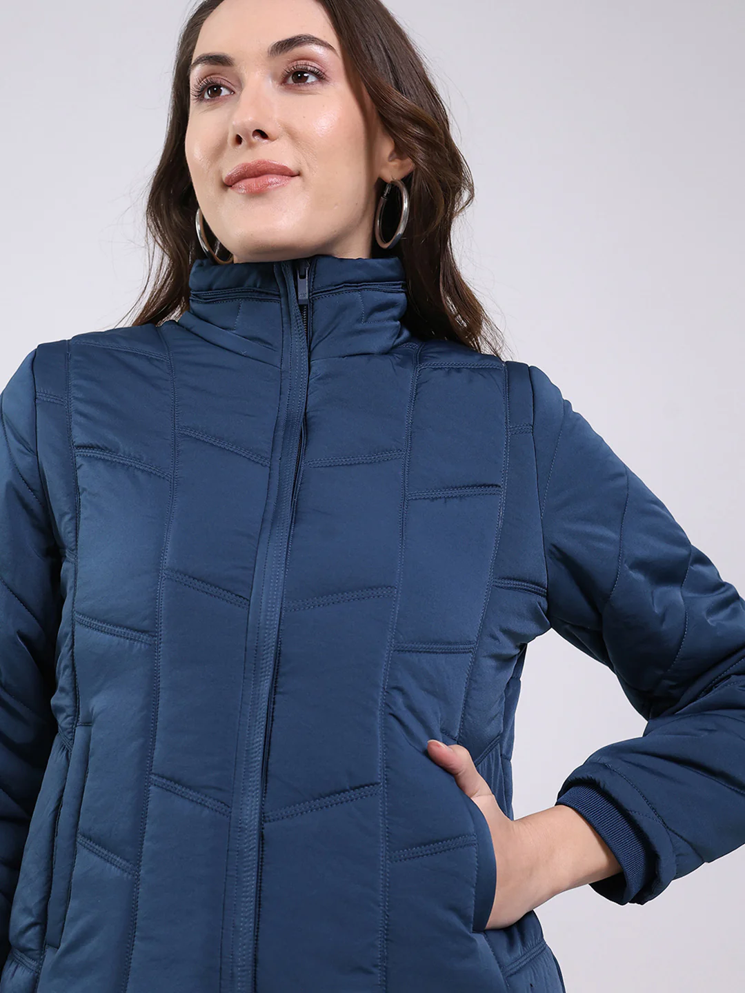 Women Teal Blue Solid Mock Neck Full Sleeve Jacket - Image 7