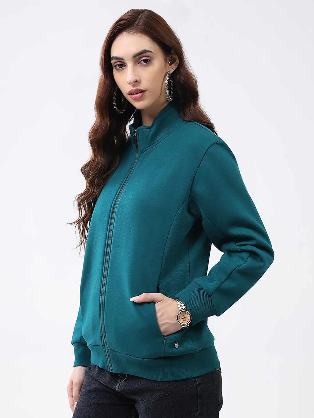 Women Teal Blue Solid Mock Neck Full Sleeve Sweatshirt - Image 3