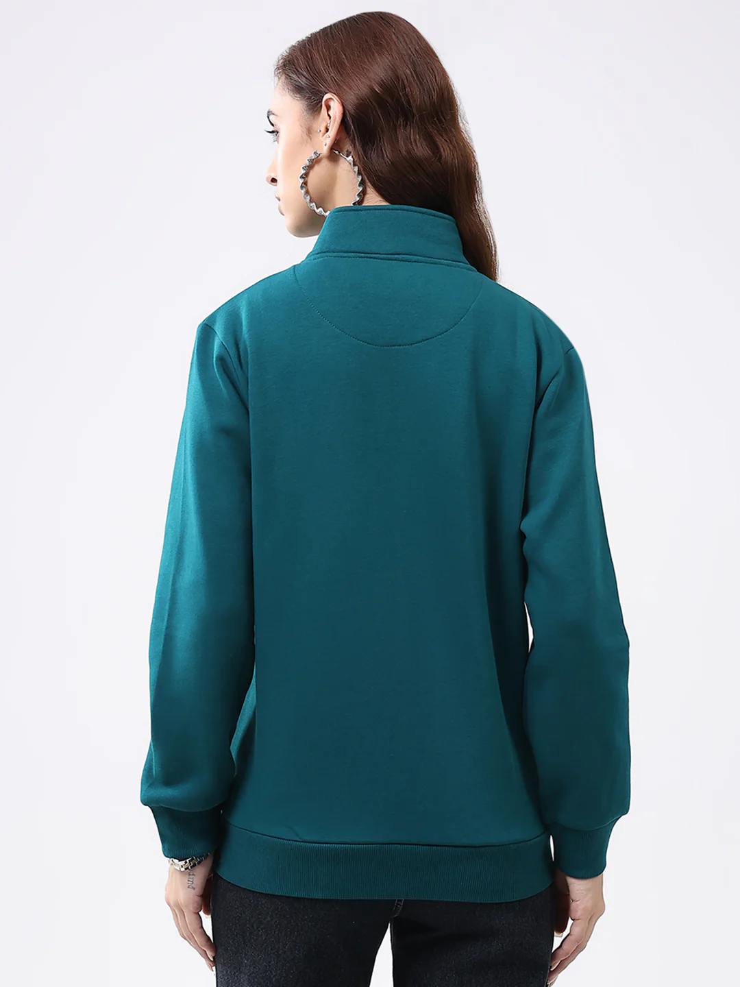 Women Teal Blue Solid Mock Neck Full Sleeve Sweatshirt - Image 5