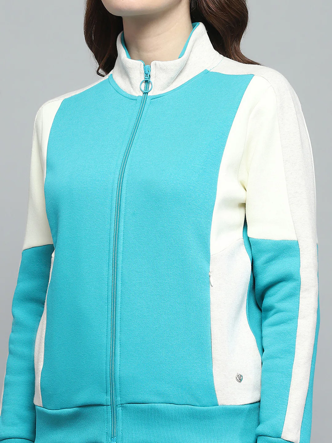 Women Teal Blue Solid Mock Neck Full Sleeve Tracksuit - Image 6