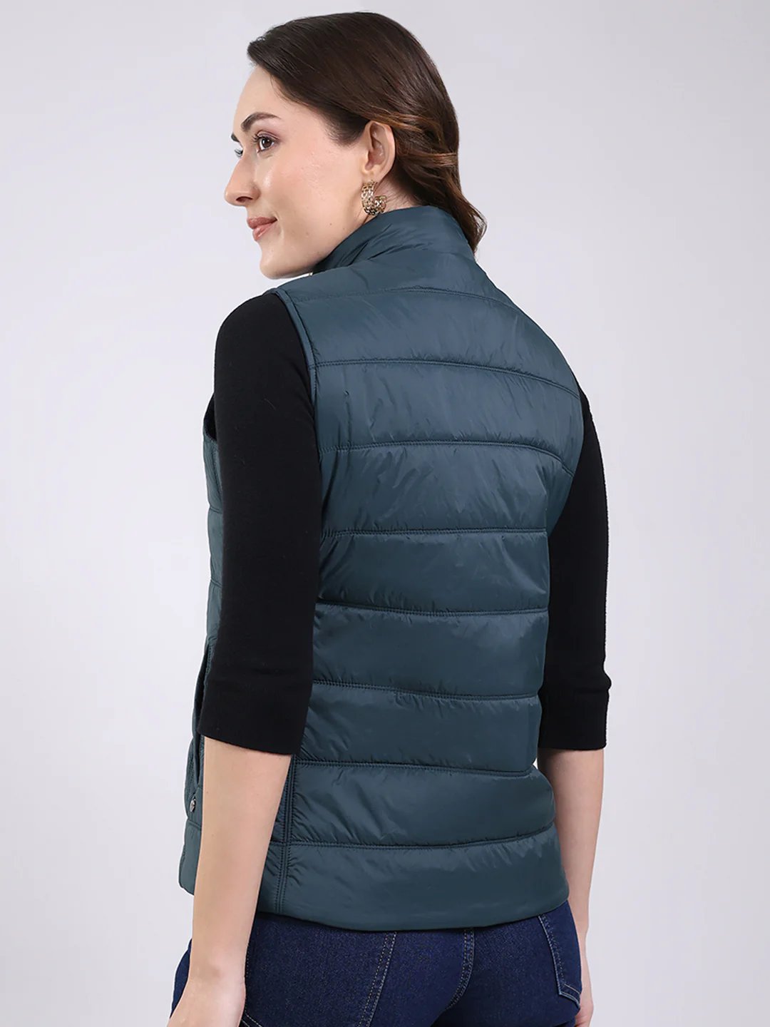 Women Teal Blue Solid Mock Neck Sleeveless Jacket - Image 5