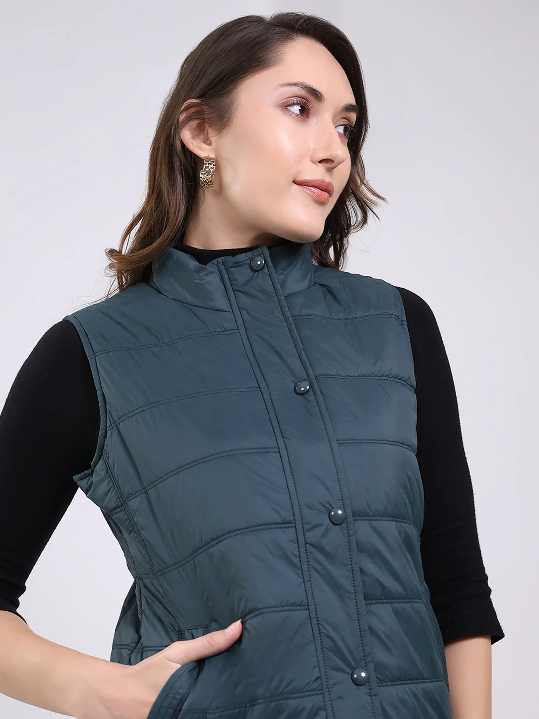 Women Teal Blue Solid Mock Neck Sleeveless Jacket - Image 6