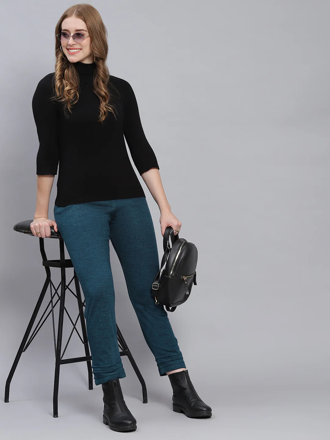 Women Teal Blue Solid Regular Fit Winter Lowers - Image 2
