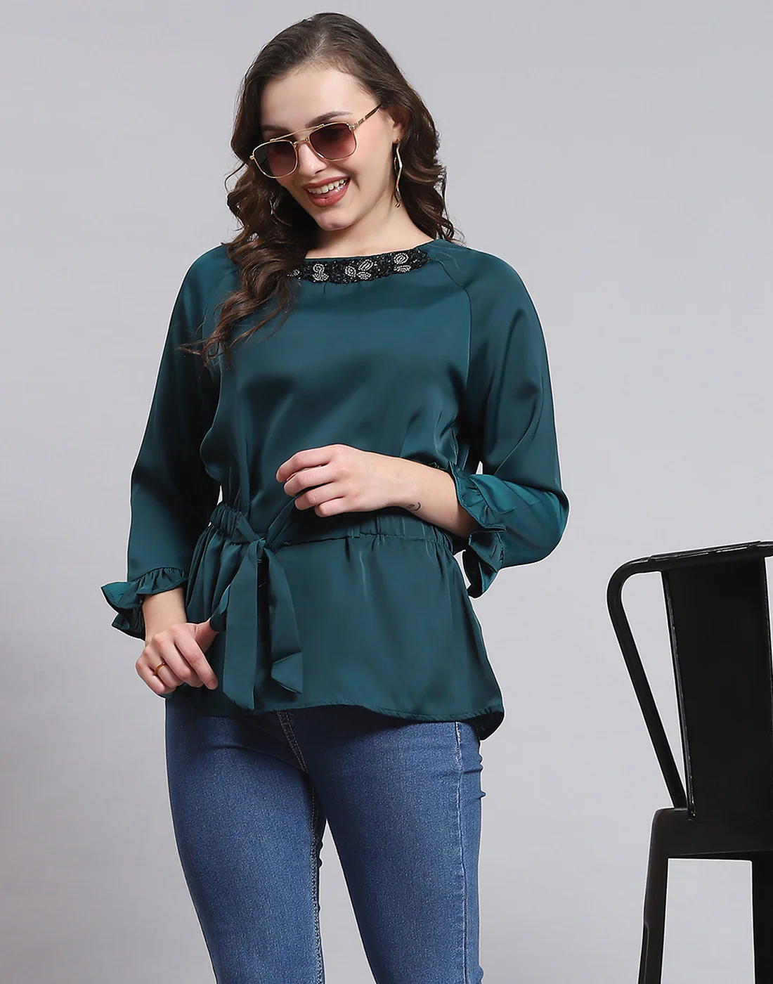 Women Teal Blue Solid Round Neck 3/4 Sleeve Top - Image 6