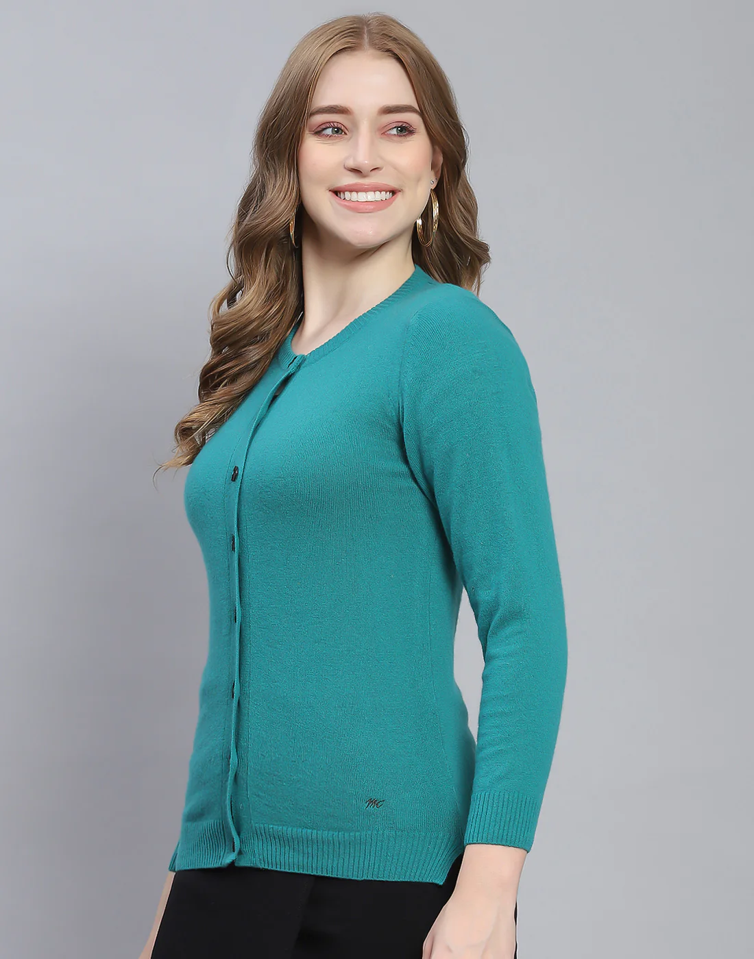 Women Teal Blue Solid Round Neck Full Sleeve Cardigan - Image 3