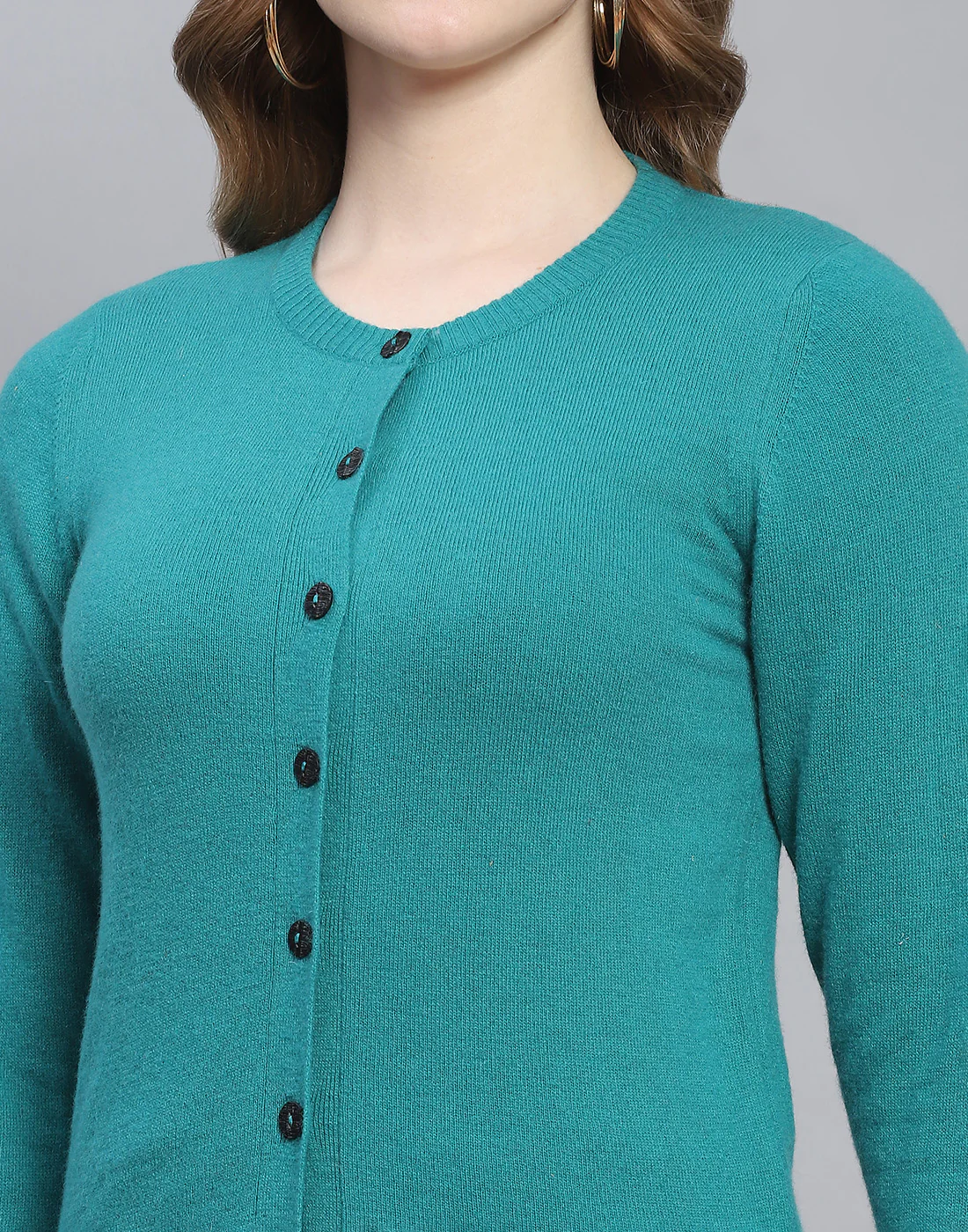 Women Teal Blue Solid Round Neck Full Sleeve Cardigan - Image 6