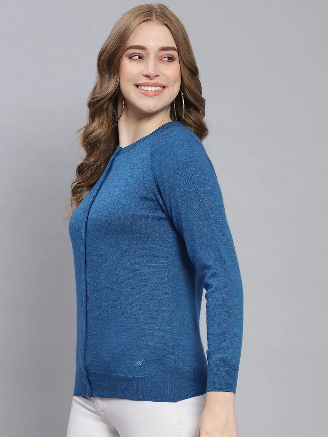 Women Teal Blue Solid Round Neck Full Sleeve Cardigans - Image 3