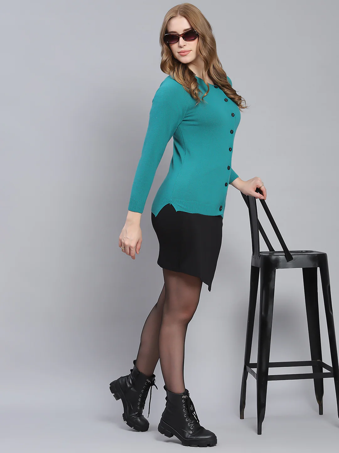 Women Teal Blue Solid Round Neck Full Sleeve Cardigans - Image 2