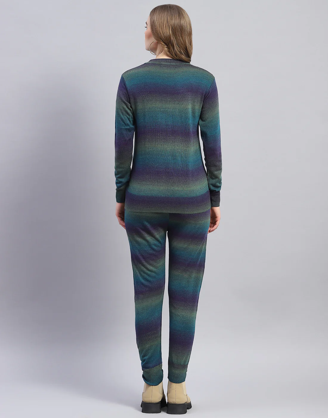 Women Teal Blue Solid Round Neck Full Sleeve Cords Set - Image 5