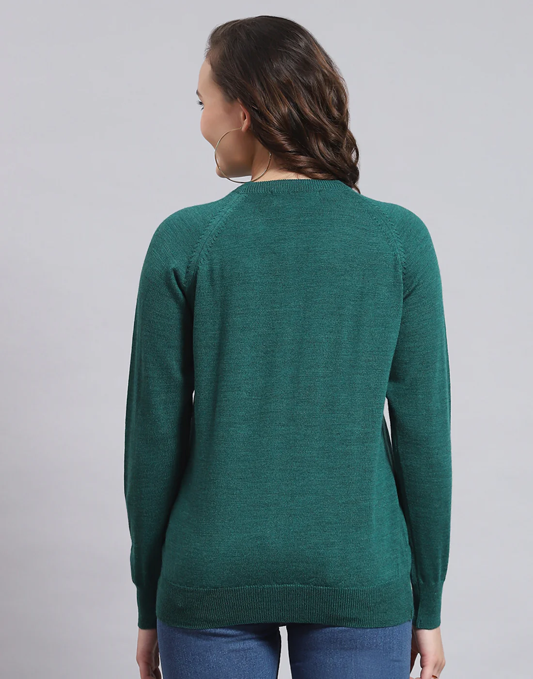 Women Teal Blue Solid Round Neck Full Sleeve Sweater - Image 5