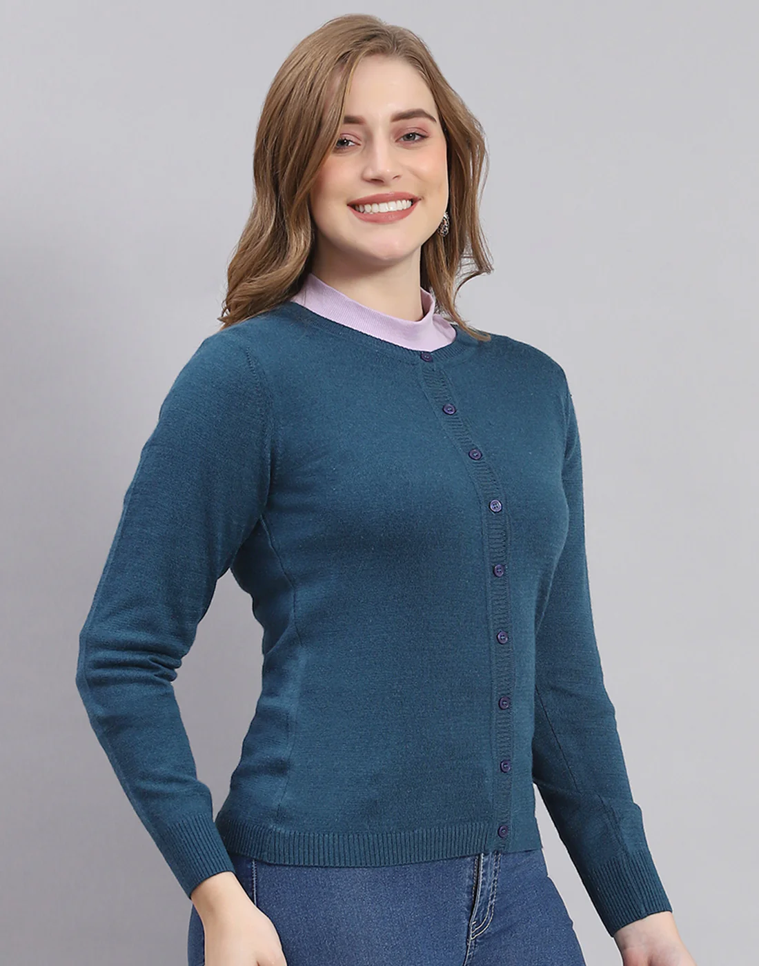 Women Teal Blue Solid Round Neck Full Sleeve Sweater - Image 4