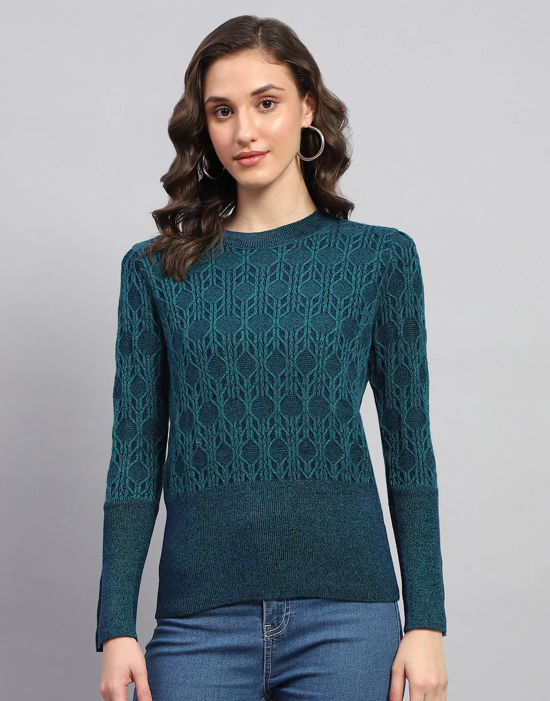 Women Teal Blue Solid Round Neck Full Sleeve Winter Top - Image 2