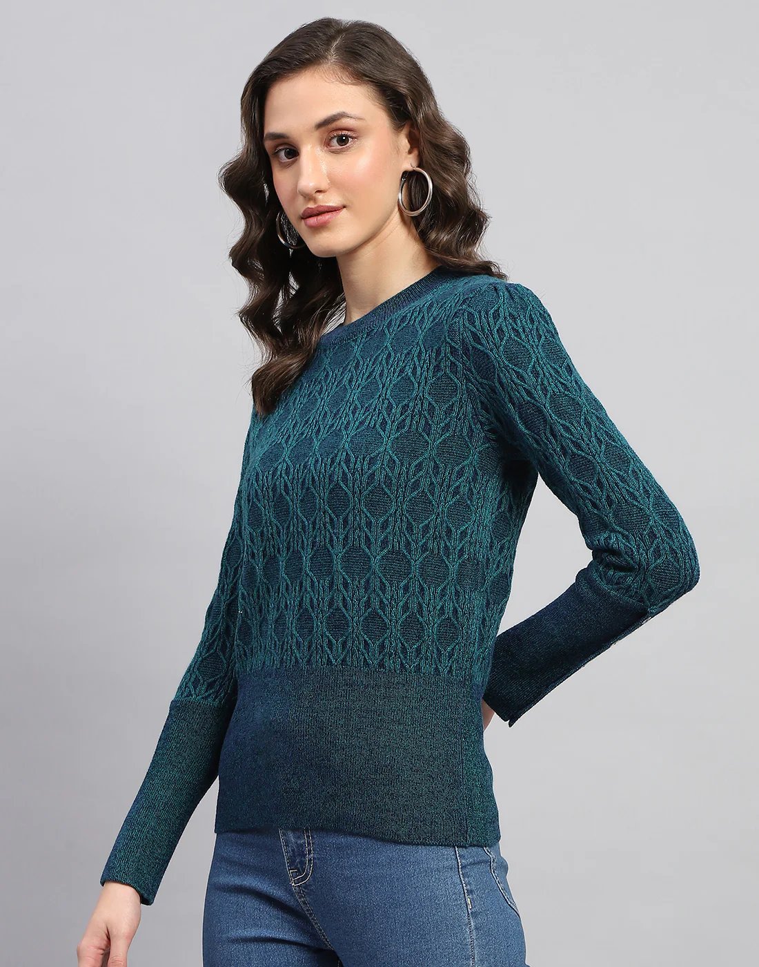 Women Teal Blue Solid Round Neck Full Sleeve Winter Top - Image 3