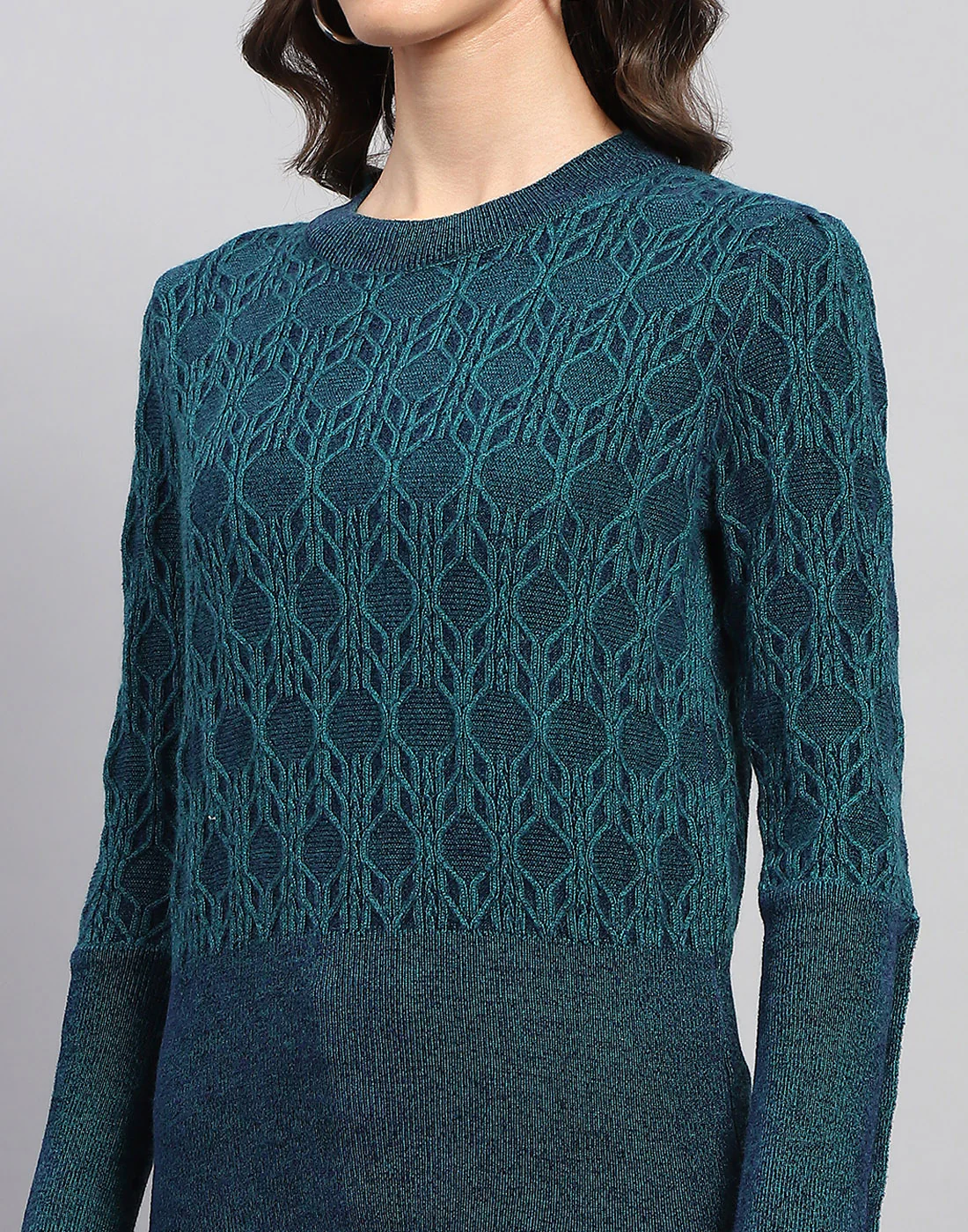 Women Teal Blue Solid Round Neck Full Sleeve Winter Top - Image 6