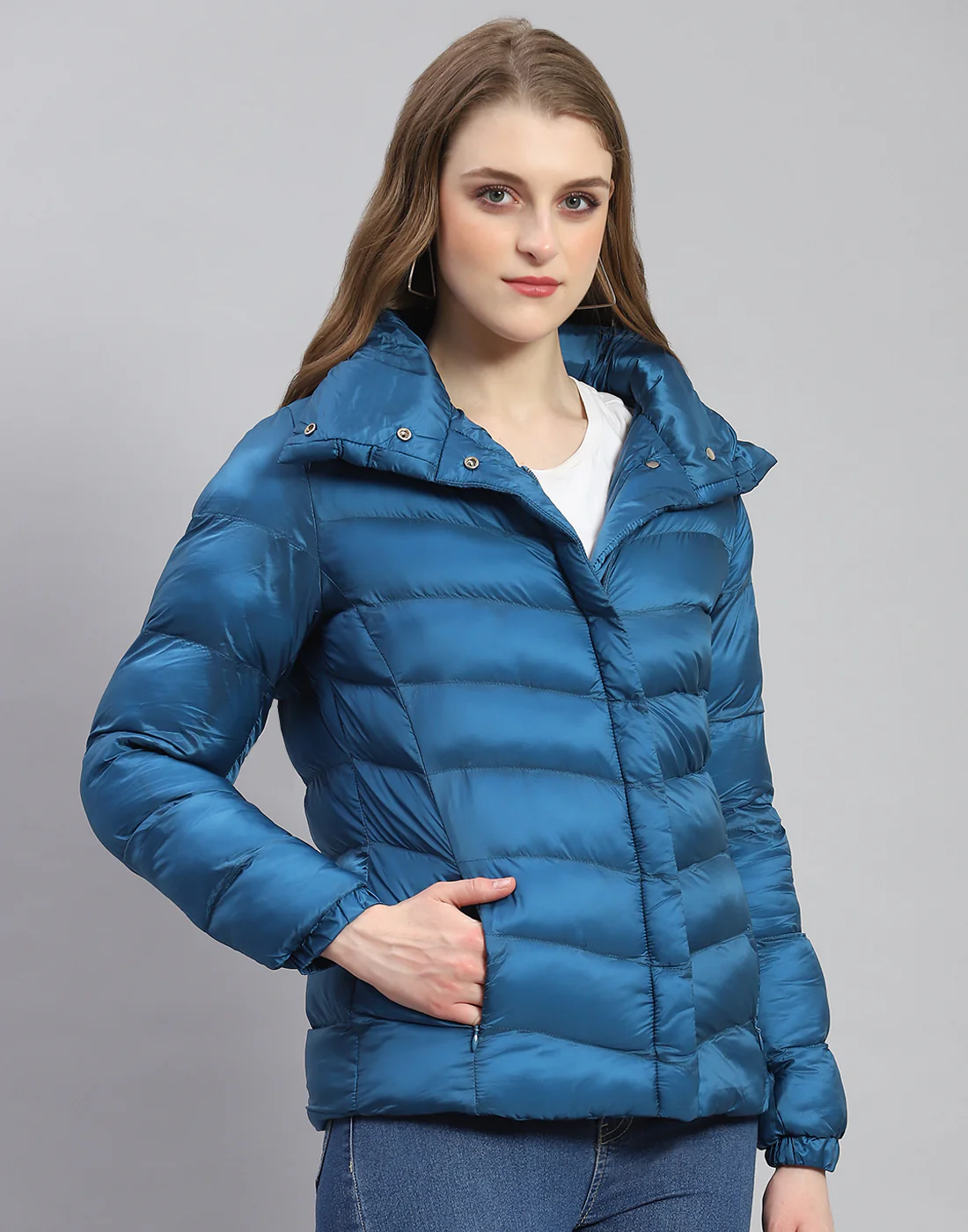 Women Teal Blue Solid Stand Collar Full Sleeve Jacket - Image 6