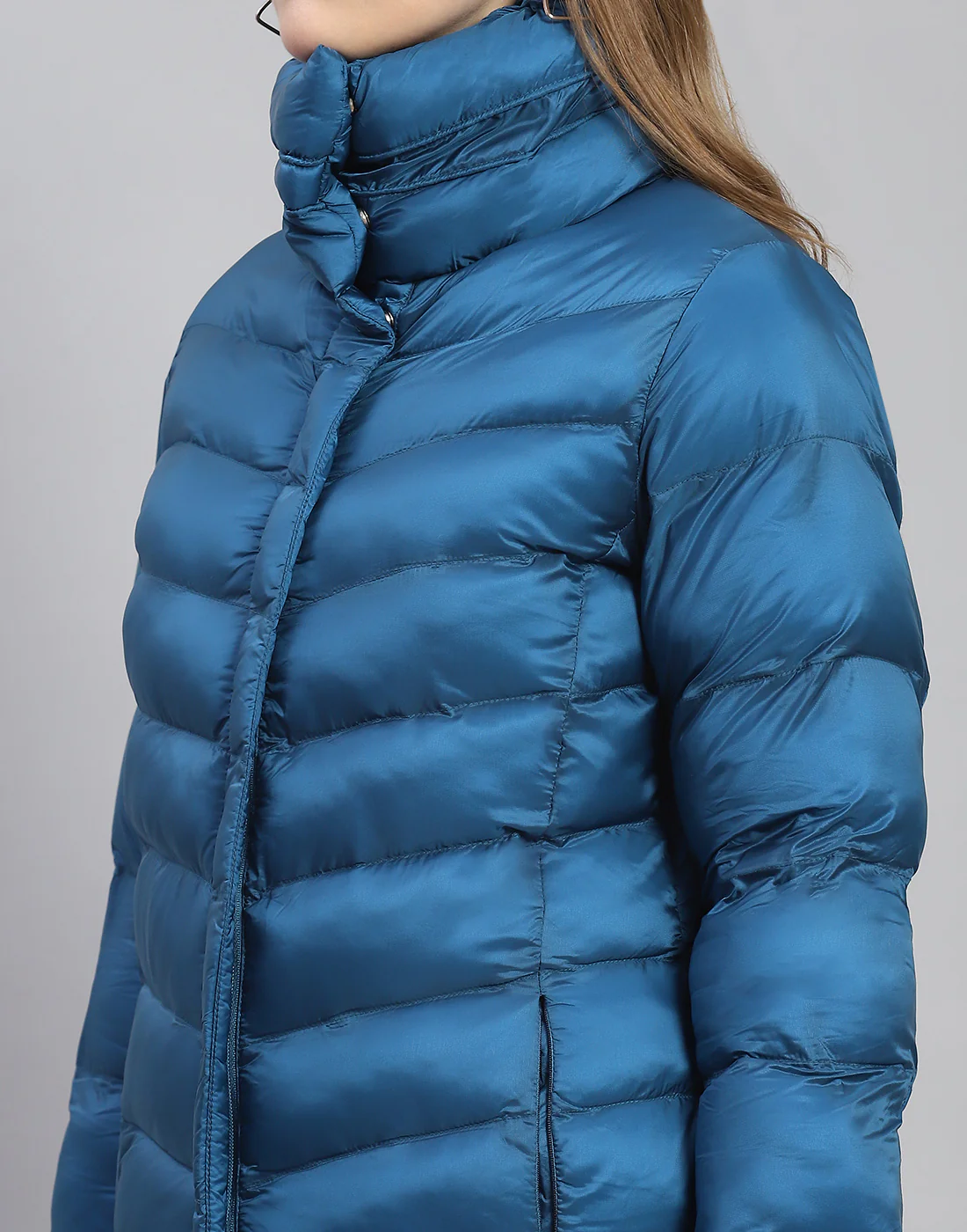 Women Teal Blue Solid Stand Collar Full Sleeve Jacket - Image 7