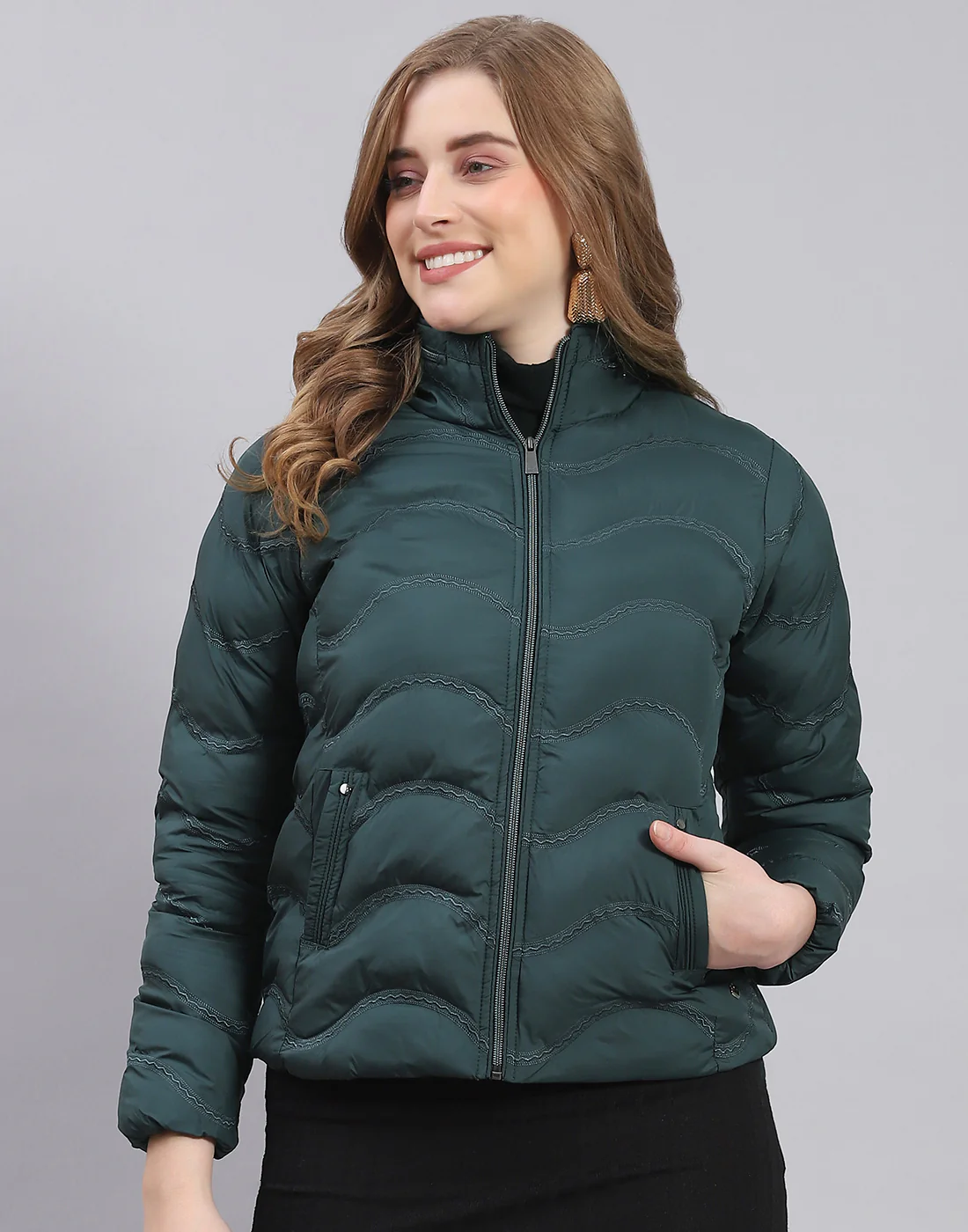 Women Teal Blue Solid Stand Collar Full Sleeve Jacket - Image 2