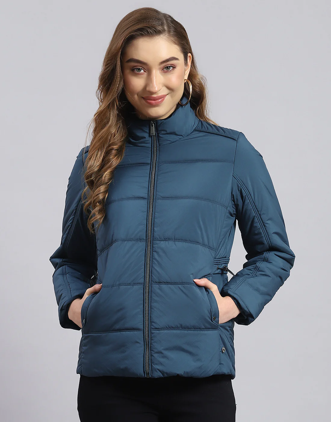 Women Teal Blue Solid Stand Collar Full Sleeve Jacket - Image 2