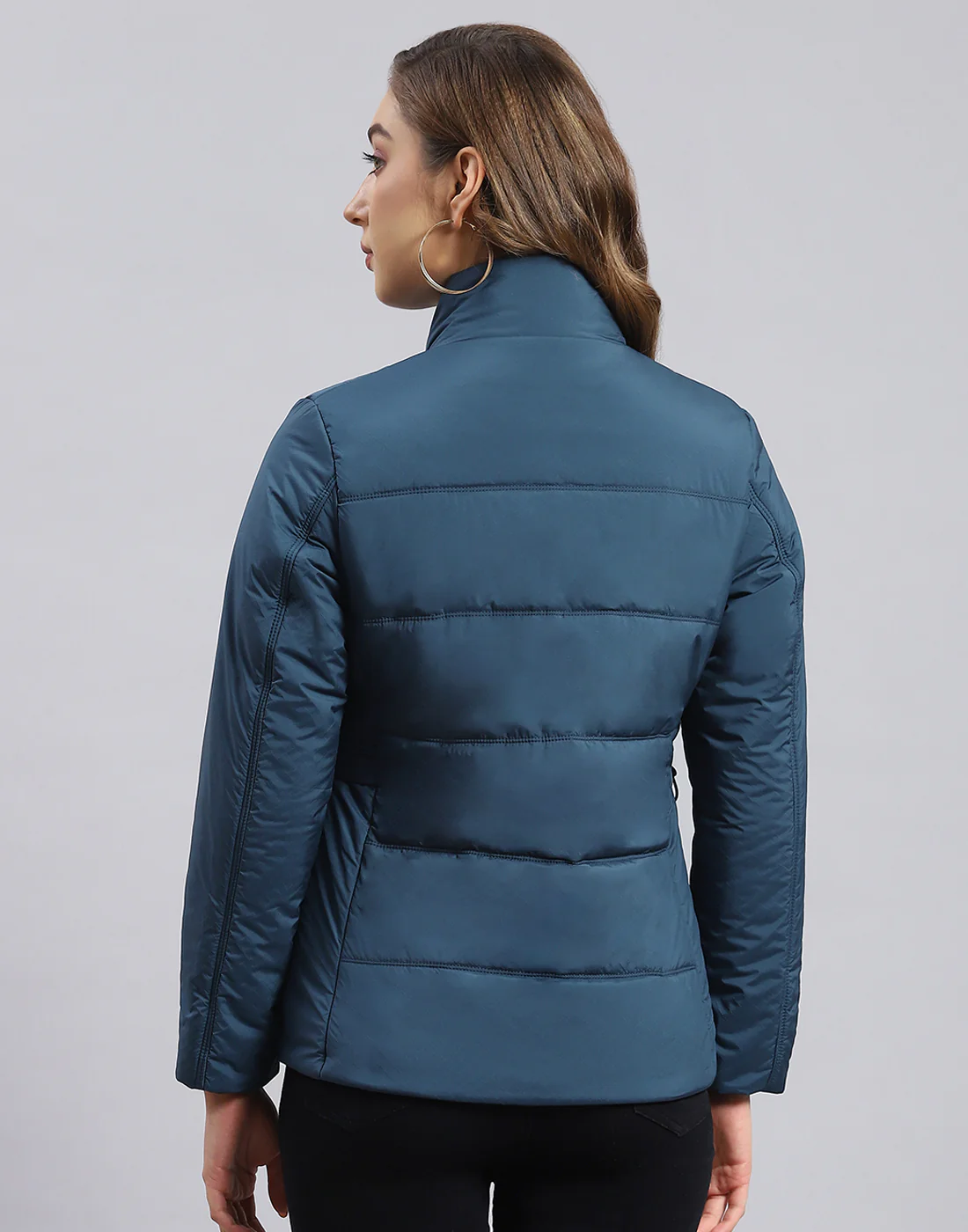 Women Teal Blue Solid Stand Collar Full Sleeve Jacket - Image 5