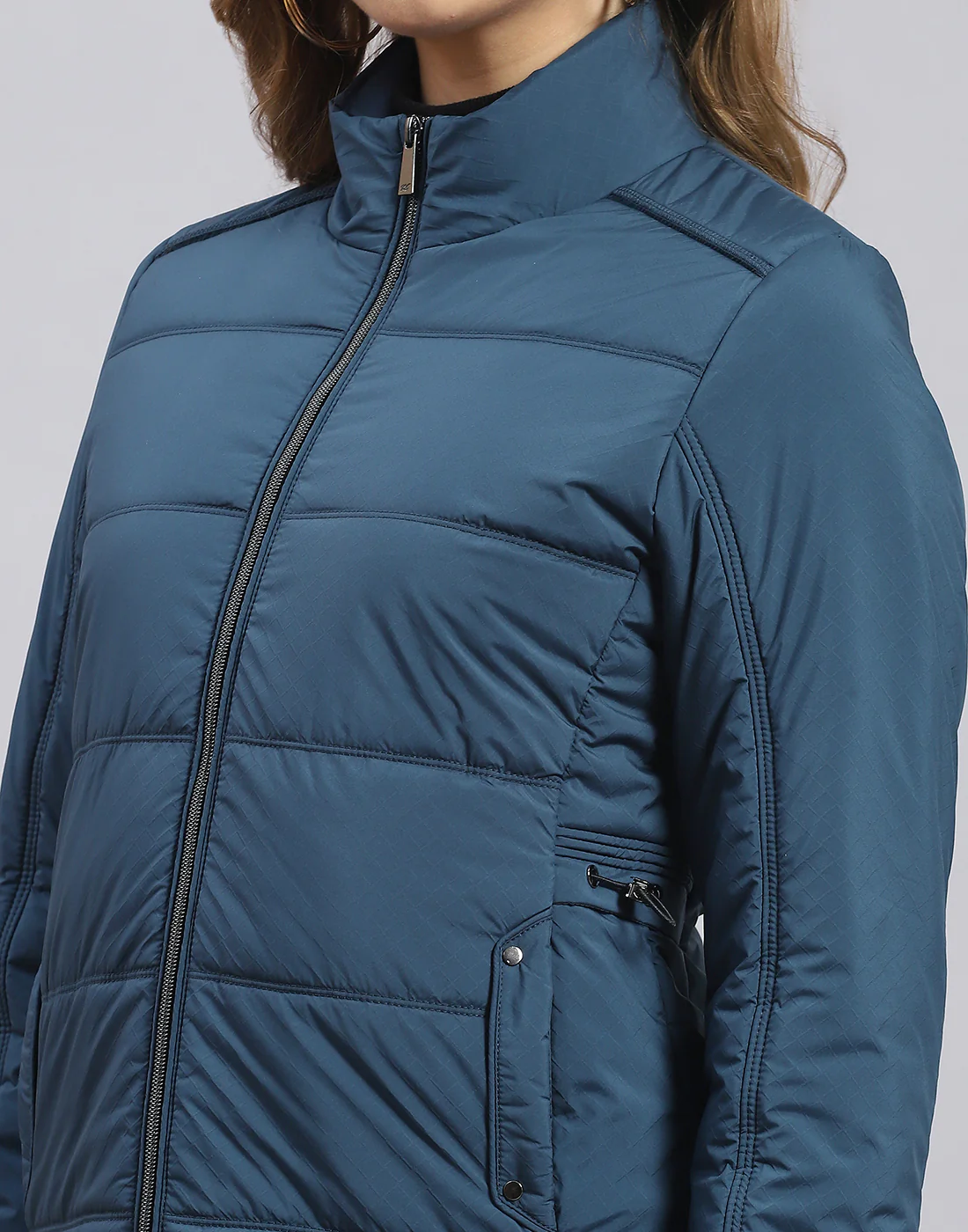 Women Teal Blue Solid Stand Collar Full Sleeve Jacket - Image 7