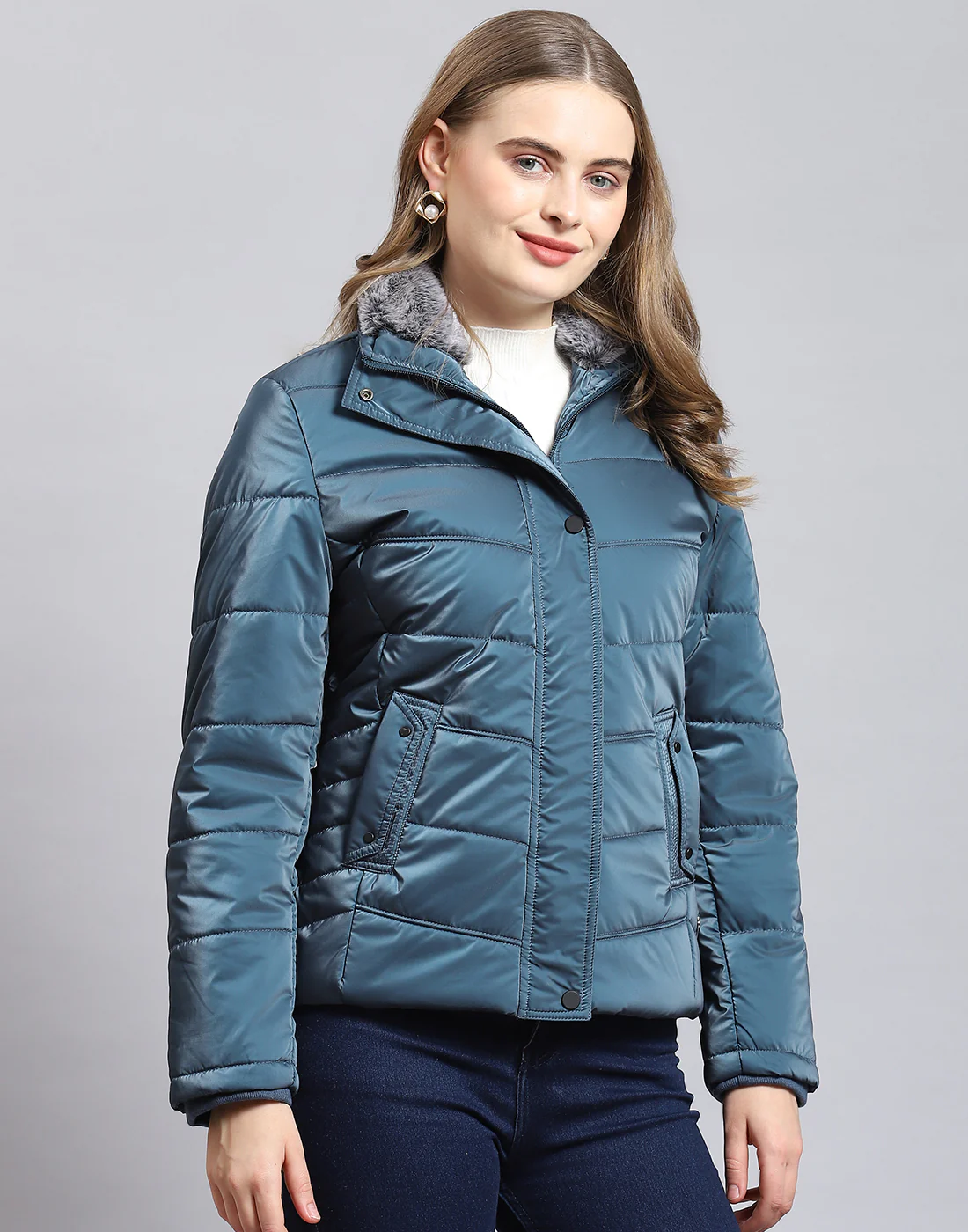 Women Teal Blue Solid Stand Collar Full Sleeve Jacket - Image 4