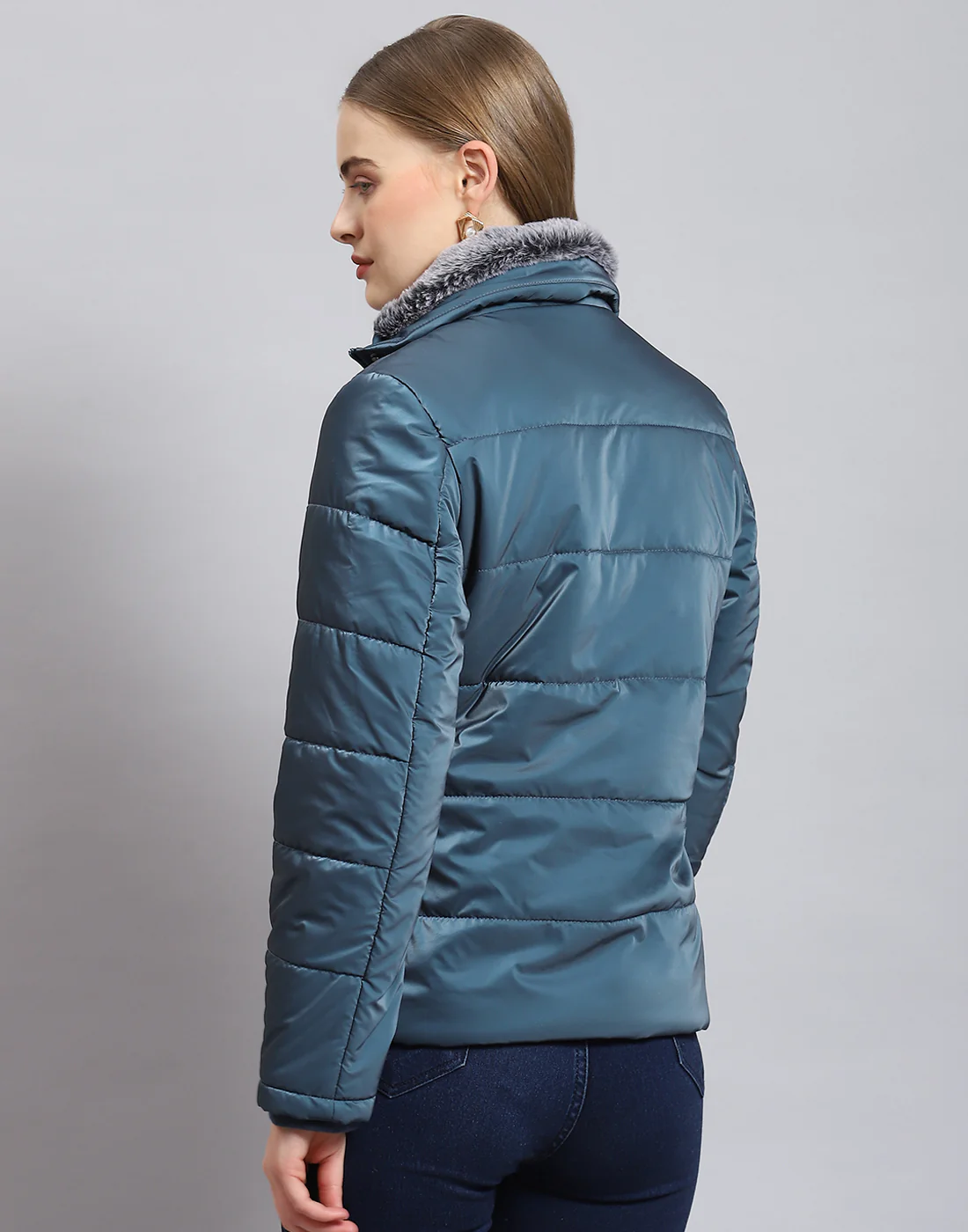 Women Teal Blue Solid Stand Collar Full Sleeve Jacket - Image 5