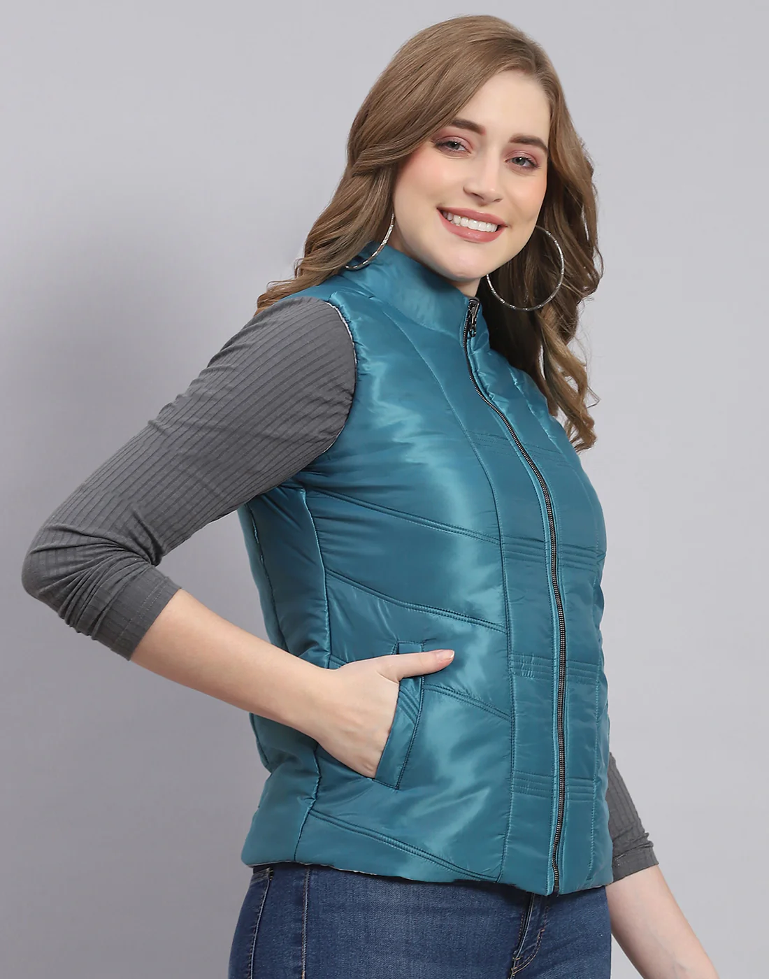 Women Teal Blue Solid Stand Collar Sleeveless Jacket - Image 5