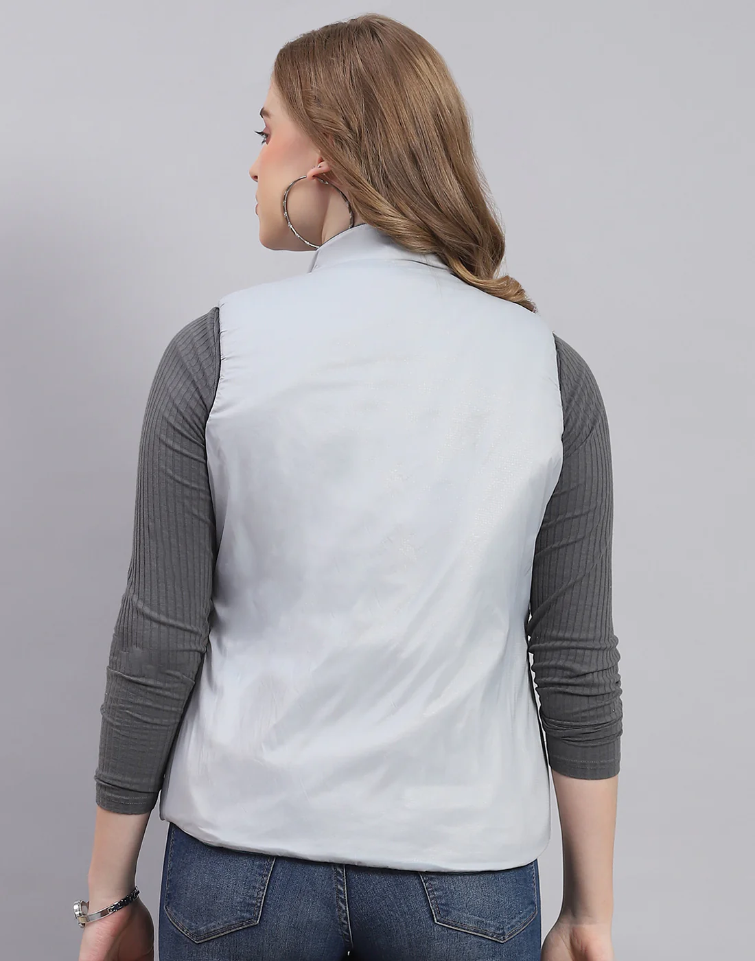 Women Teal Blue Solid Stand Collar Sleeveless Jacket - Image 7