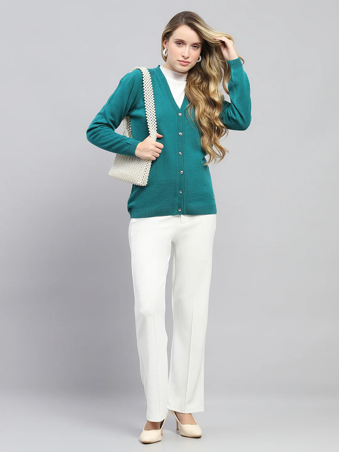 Women Teal Blue Solid V Neck Full Sleeve Cardigan - Image 2