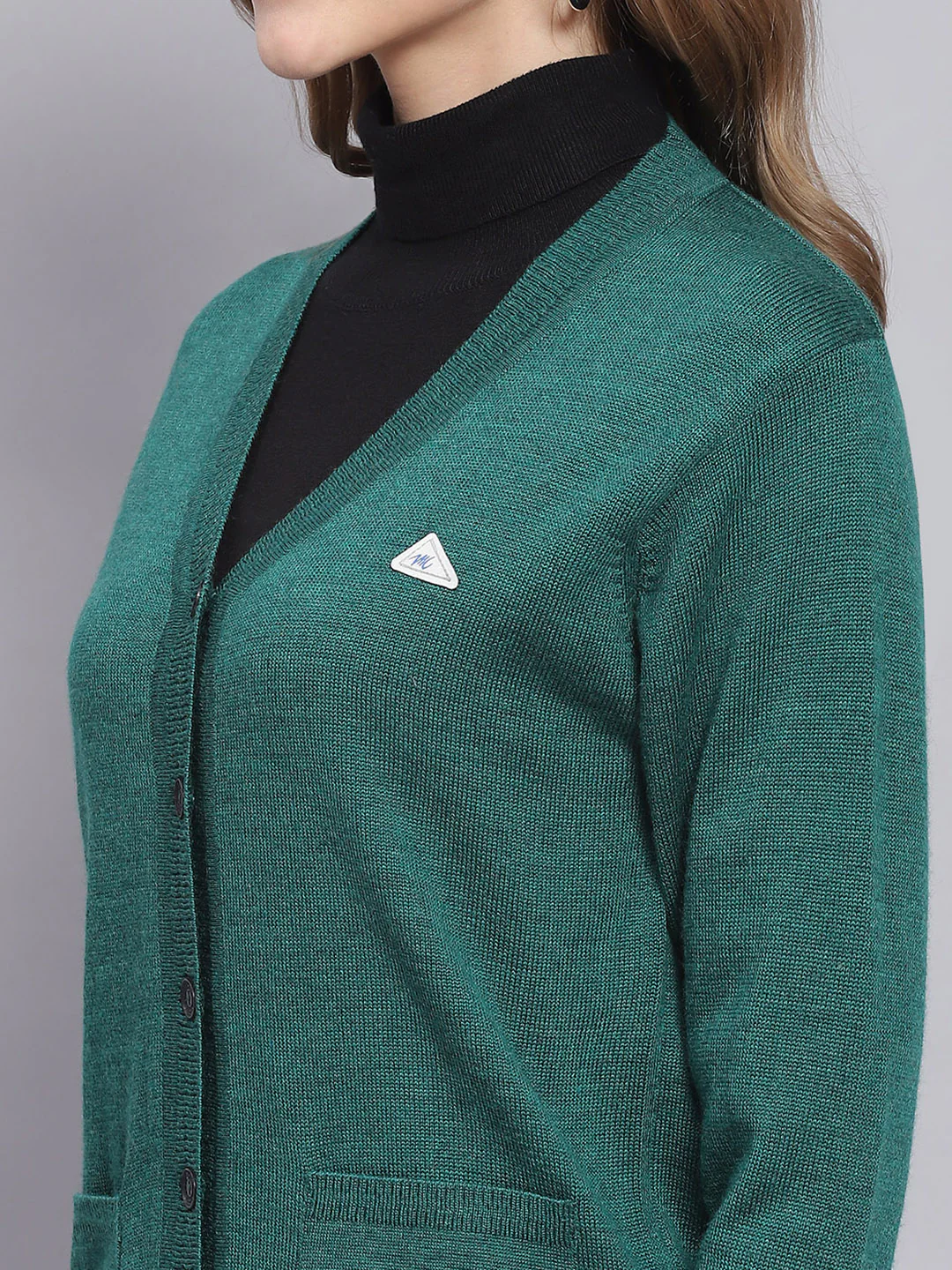 Women Teal Blue Solid V Neck Full Sleeve Cardigans - Image 6