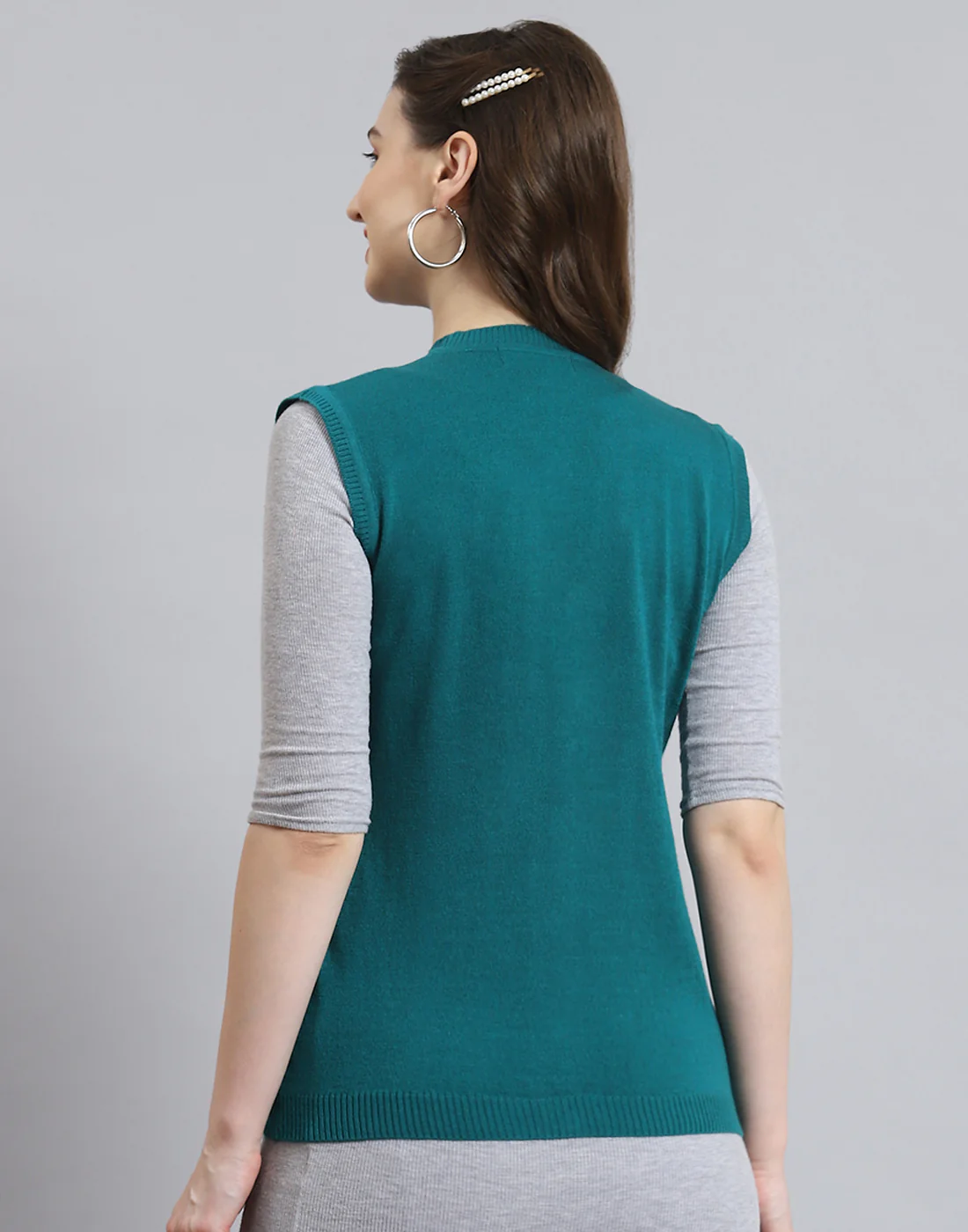 Women Teal Blue Solid V Neck Sleeveless Cardigan - Image 6