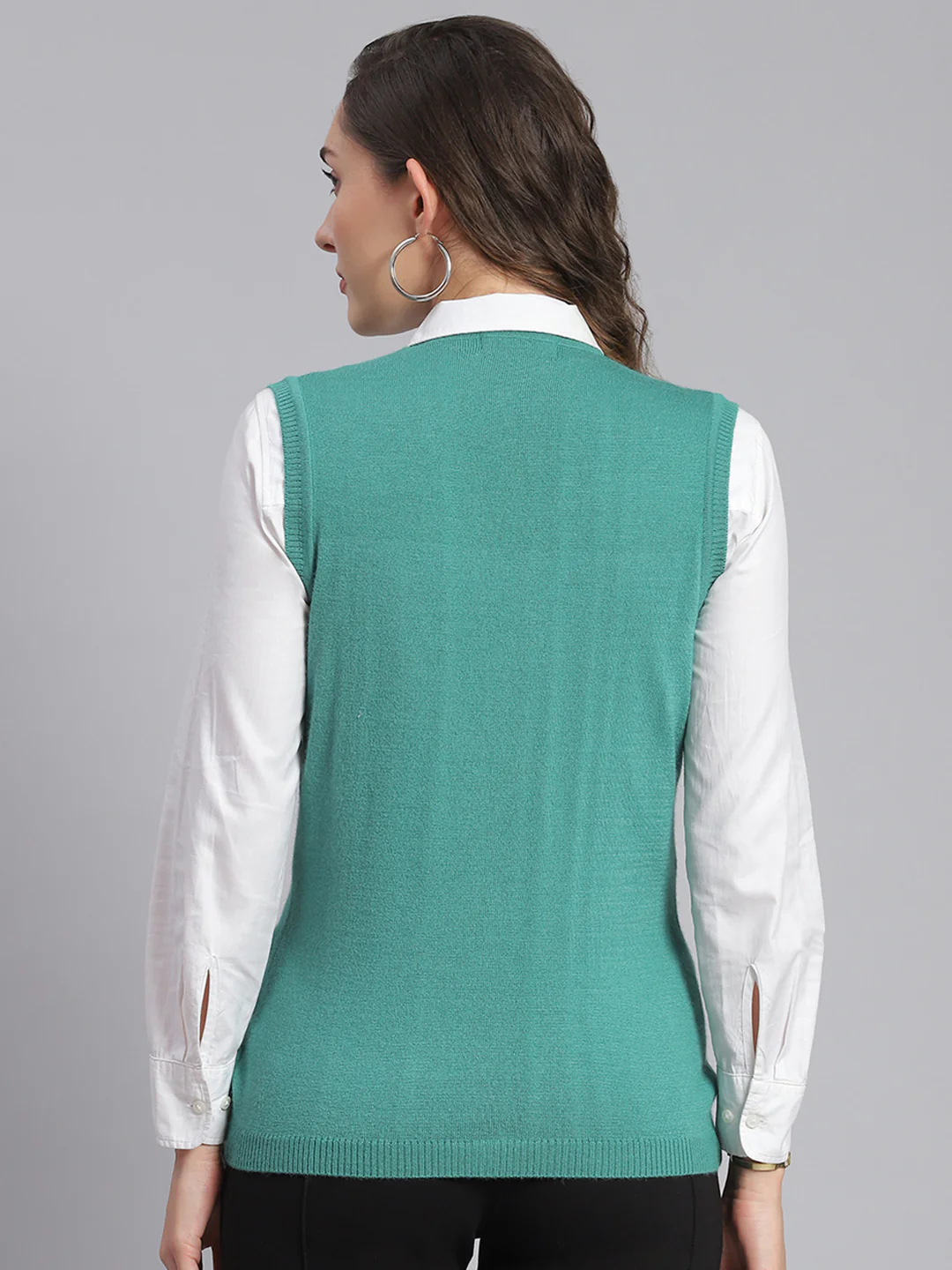 Women Teal Blue Solid V Neck Sleeveless Cardigans - Image 5