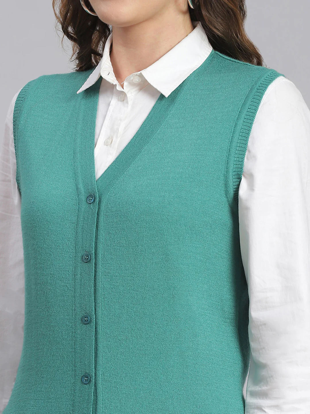 Women Teal Blue Solid V Neck Sleeveless Cardigans - Image 6