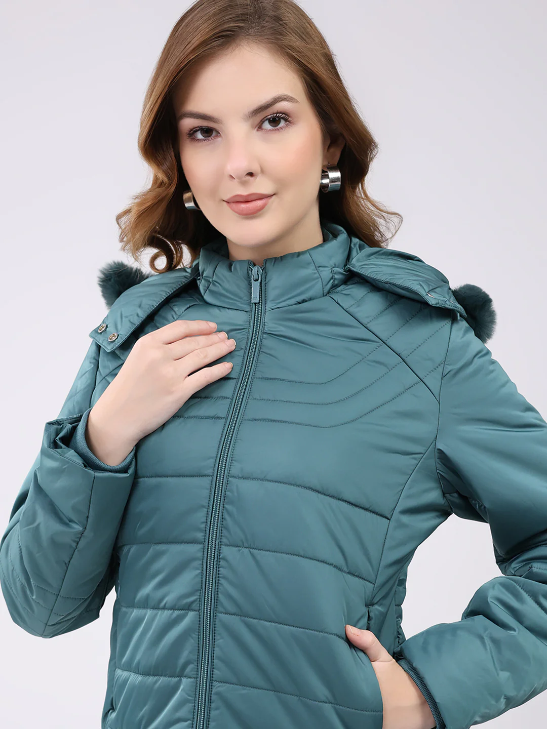 Women Teal Green Solid Hooded Full Sleeve Jacket - Image 6